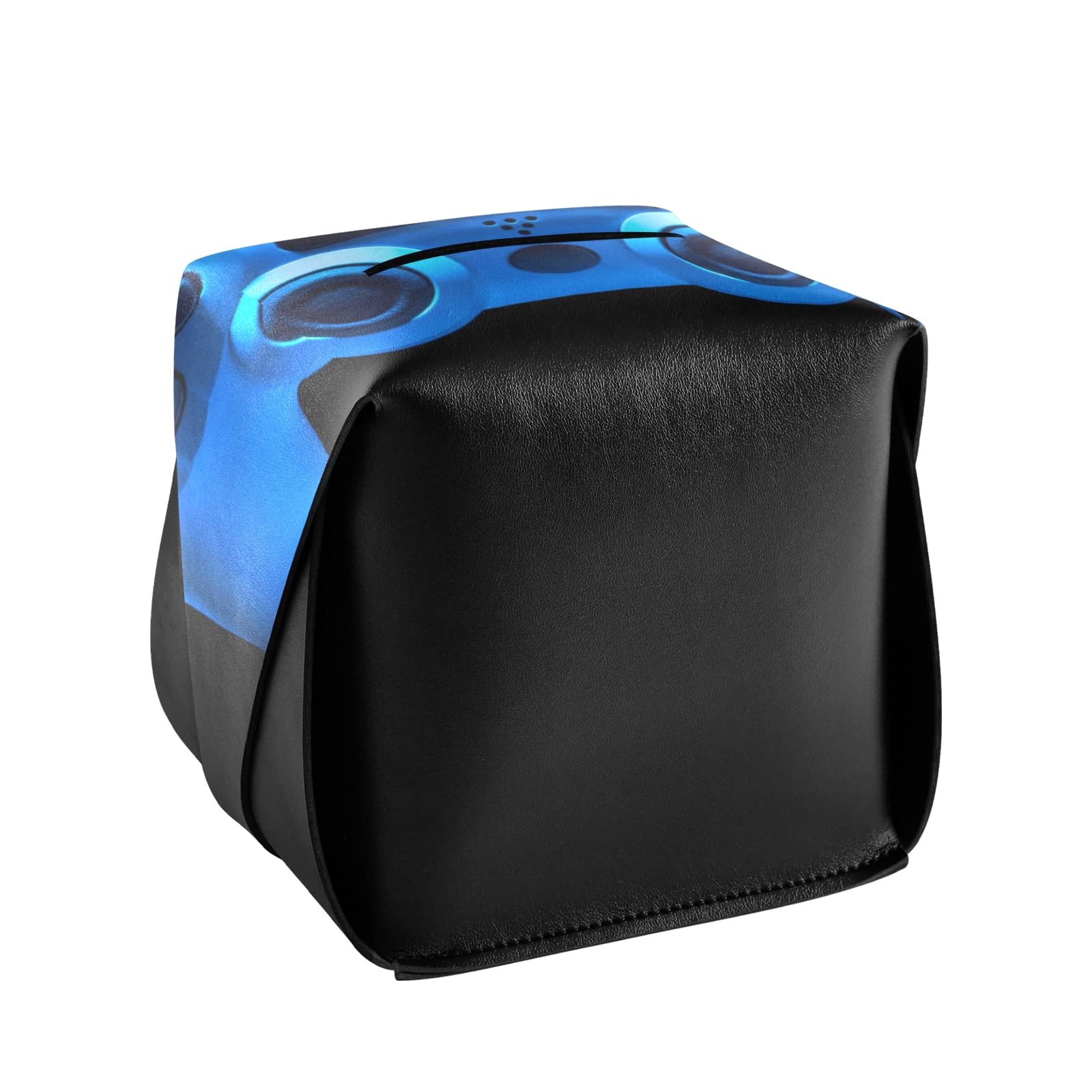 Blue Neon Light Video Game Joystick Gamepad - Leather Tissue Box Cover with Handle (9.4x5.1x3.6 in) for Bathroom, Home, Office & Car - Perfect for Gaming Setups, Nightstands & Vanity Countertops