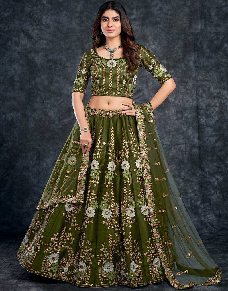 Army Green Lehenga Choli Set - Semi Stitched Traditional Indian Skirt & Blouse for Weddings & Festivals