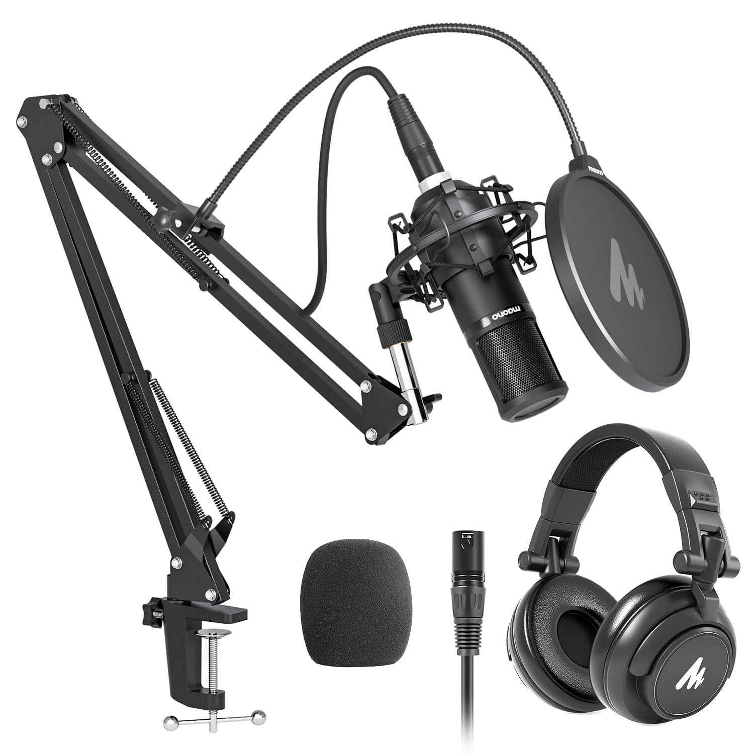MAONO XLR Condenser Microphone - Professional Cardioid Studio Recording Mic with 50MM Drivers & Studio Headphones (AU-MH601) for Streaming, Podcasting, Singing, Voice-Over, Vocal Recording, Home Studio, YouTube, Skype - Perfect for Content Creators & Musicians
