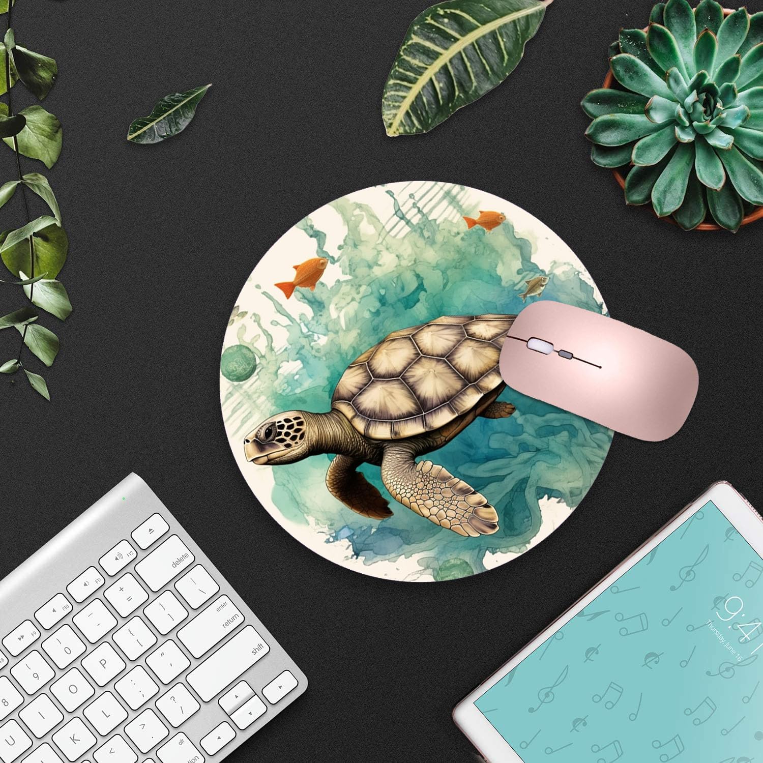 Turtle World Map Design Non-Slip Round Mouse Pad with Coasters Set - Office & Gaming Desk Accessories for Computer, Laptop, Home & Workstation Decor