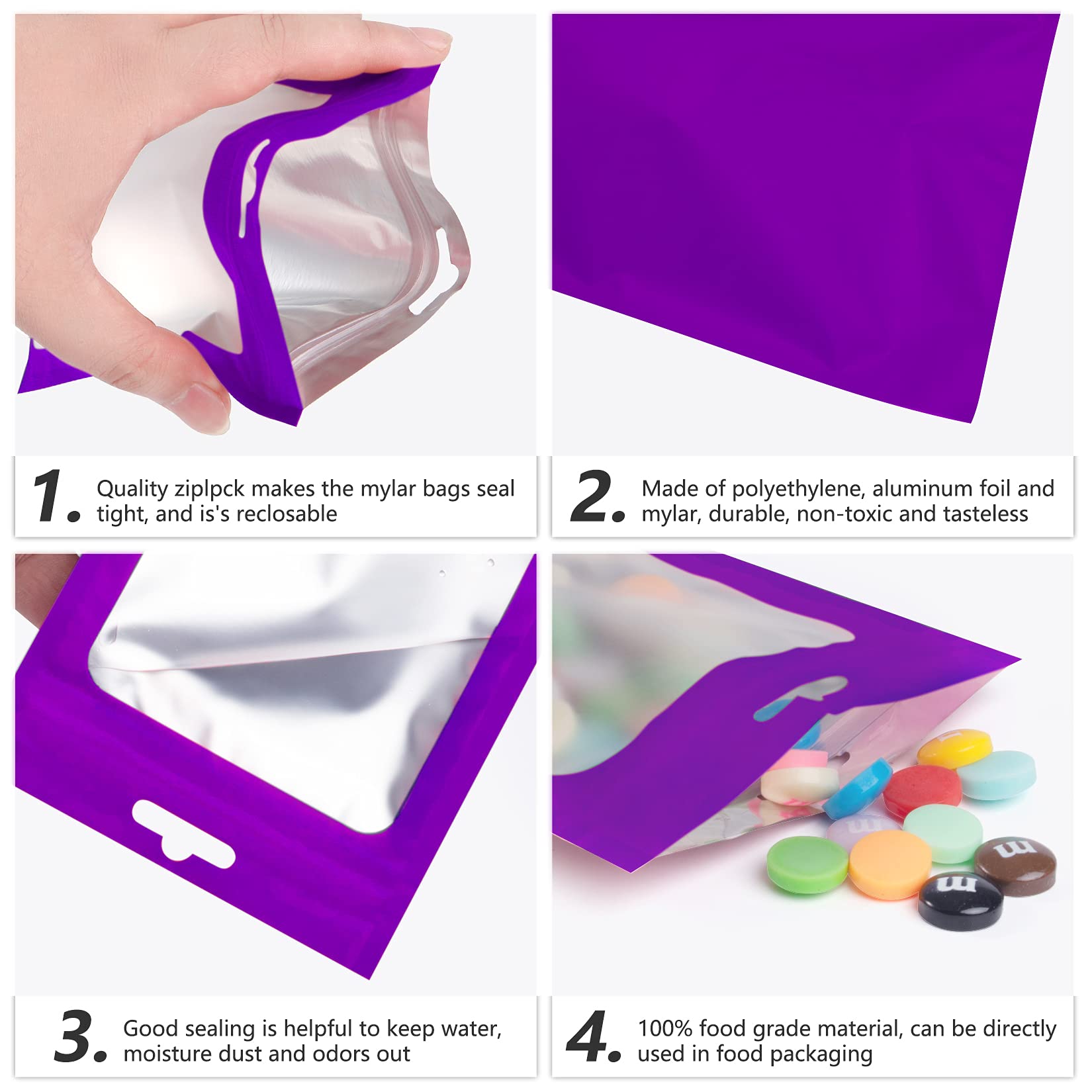 100 Pack Smell Proof Mylar Bags with Resealable Zipper & Clear Window - Airtight Heat Sealable Food Storage Bags for Dry Goods, Coffee, Tea, Herbs (Purple, 4.13 x 5.91 Inches) - Perfect for Kitchen Pantry Organization & Travel Snack Storage