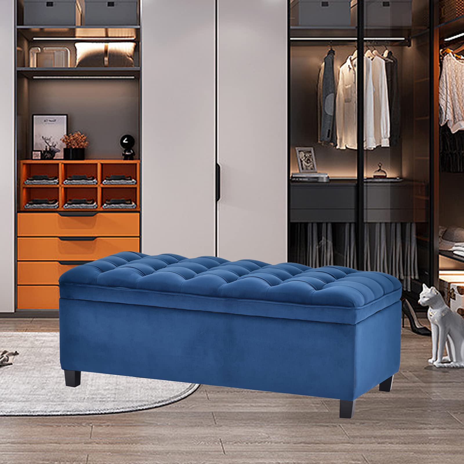 Tufted Storage Ottoman Bench with Upholstered Seat - Large Polyester Footstool for Bedroom, Living Room & Entryway | End of Bed Bench with Hidden Storage for Shoes & Blankets | Blue Home Decor (Perfect for Small Spaces & Organization)
