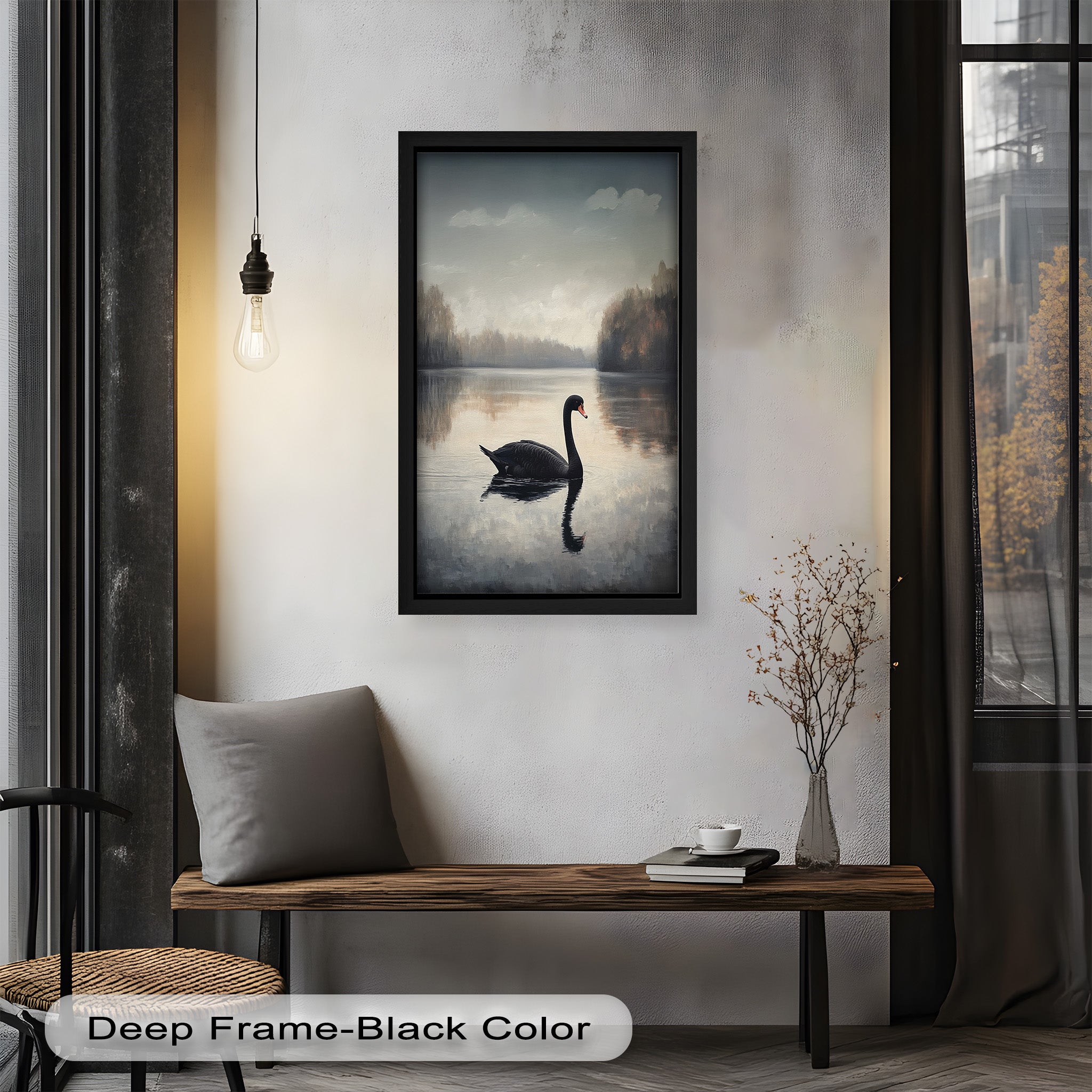 Black Swan at Dusk - Hand Painted Lake Landscape Oil Canvas Artwork - Perfect for Living Room, Bedroom, or Office Wall Decor