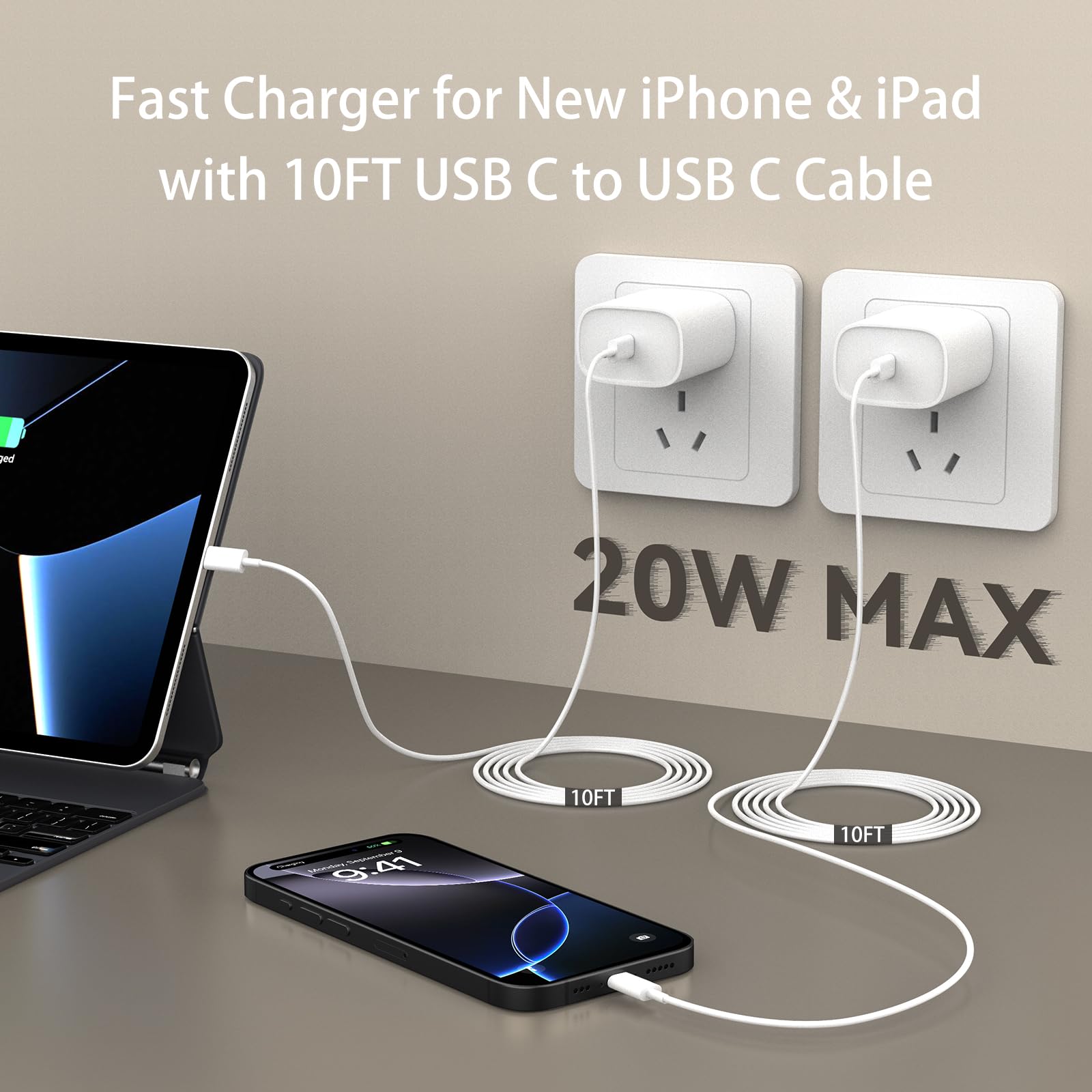 20W Fast Charger for iPhone 16 Pro Max & 15 Series - 10FT USB C Cable with PD 3.0 - Compatible with iPhone 16/16 Plus/16 Pro/15/15 Plus/15 Pro Max & iPad Pro/Air - Perfect for Home, Office & Travel Charging