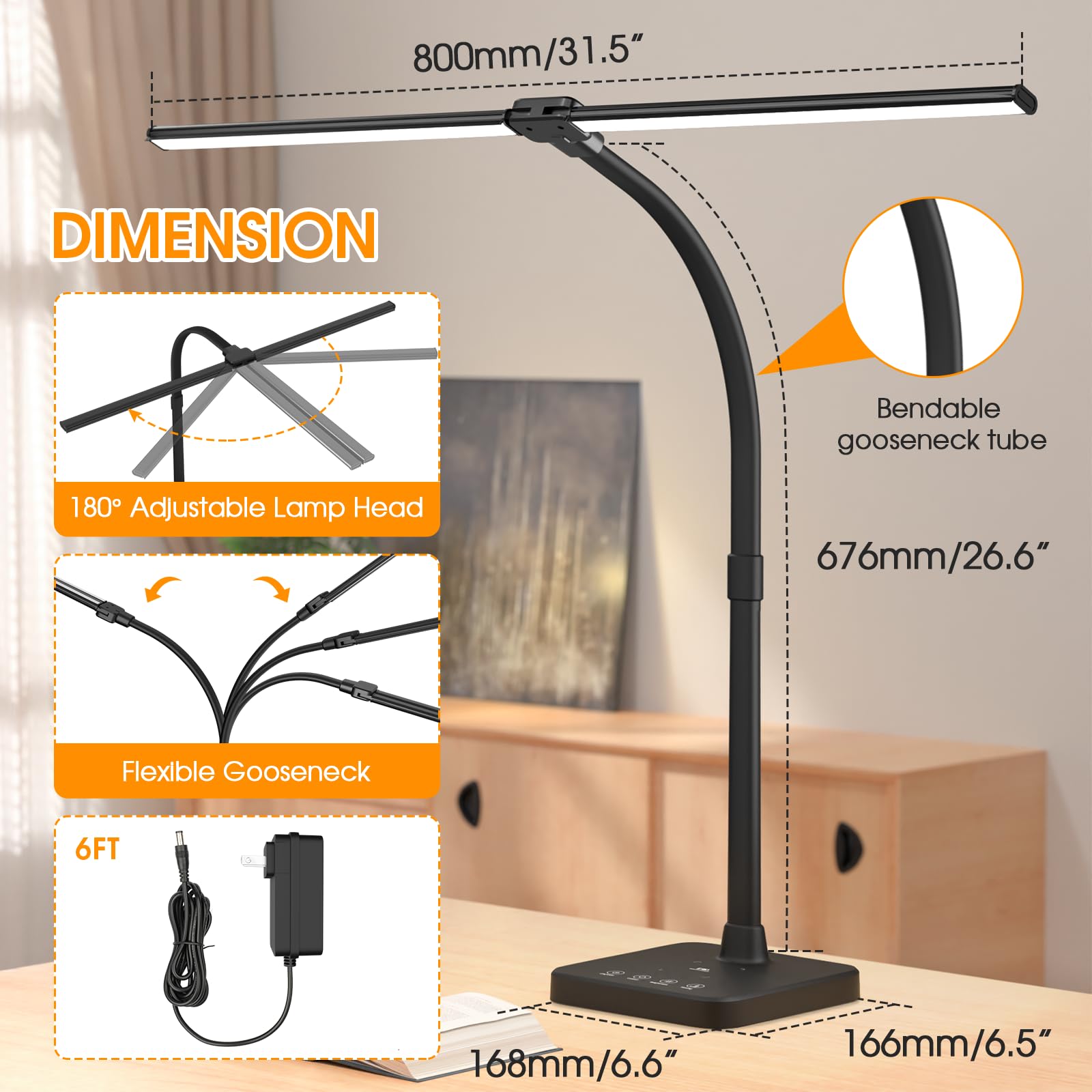 ShineTech 24W LED Desk Lamp with Wireless Charging & USB Port - Adjustable Gooseneck Dual Head Office Light, 25 Lighting Modes for Home, Study, Reading & Workstation (Black) | Perfect for Night Work, Gaming Setup & Dorm Room Lighting