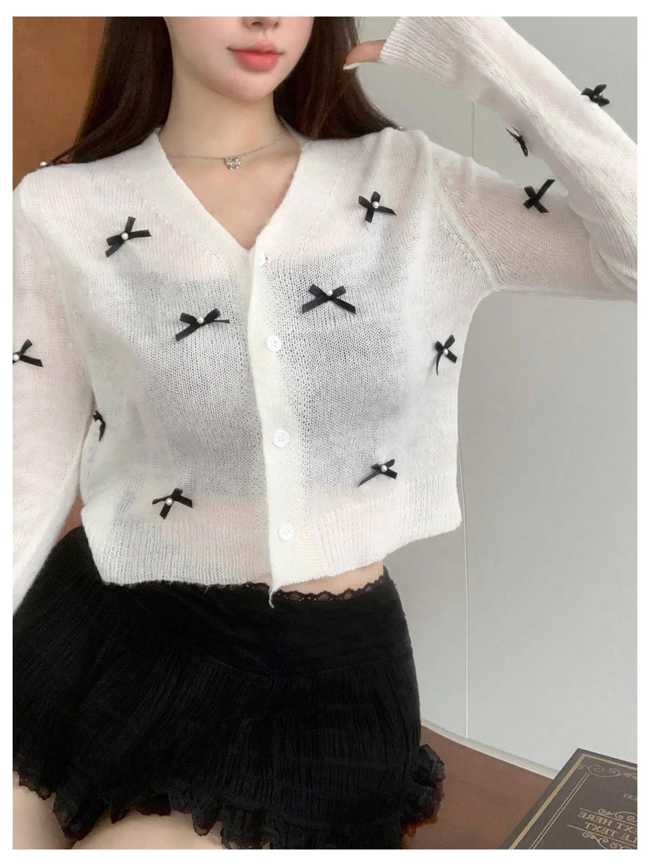 GORGLITTER Women's Cropped Knit Cardigan with Bow Buttons - Long Sleeve Button Down Sweater for Casual Outfits & Office Wear