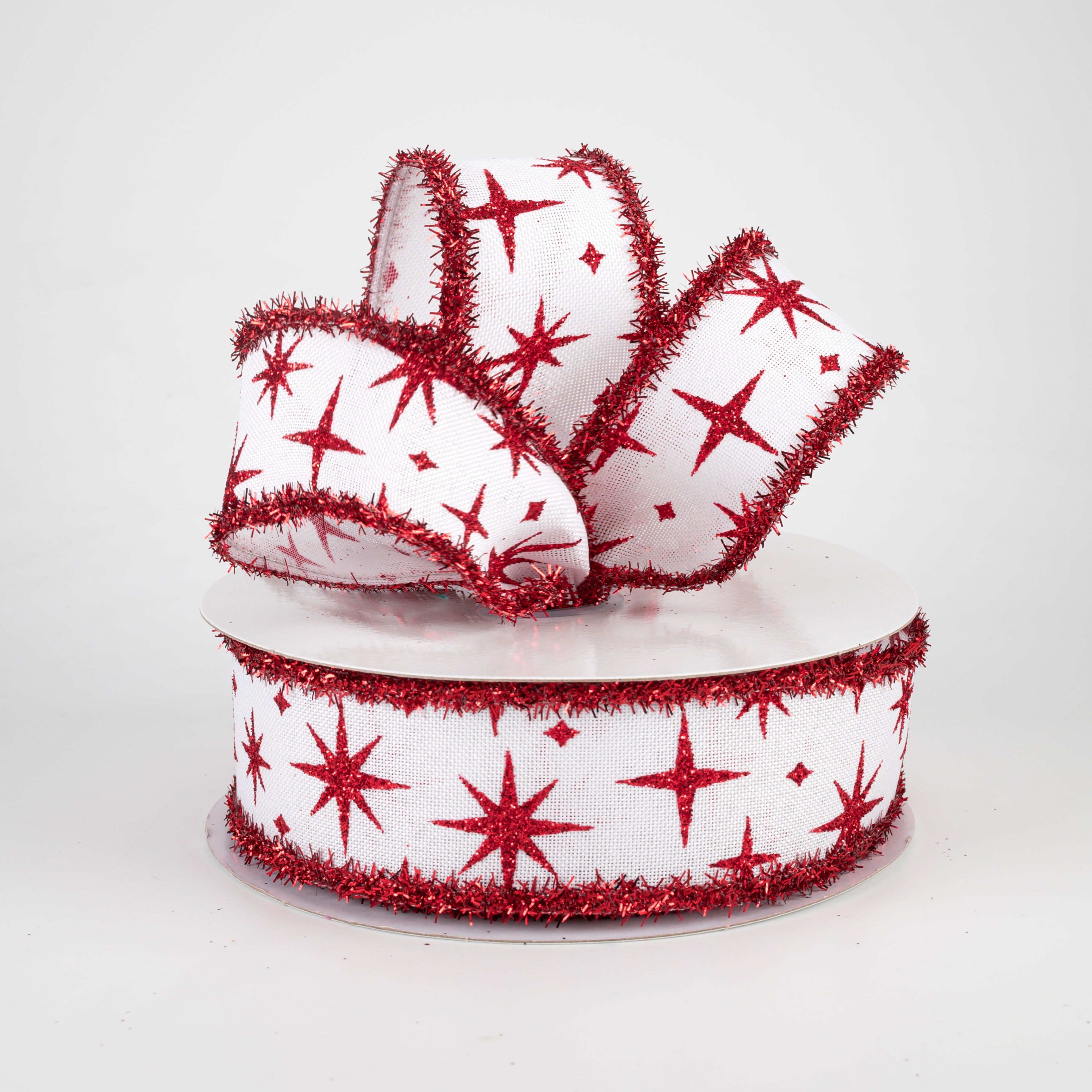 1.5 Inch Retro Stars Tinsel Edge Ribbon - White & Red Christmas Decoration Ribbon (10 Yards) for Gift Wrapping, Tree Trimming and Holiday Crafts