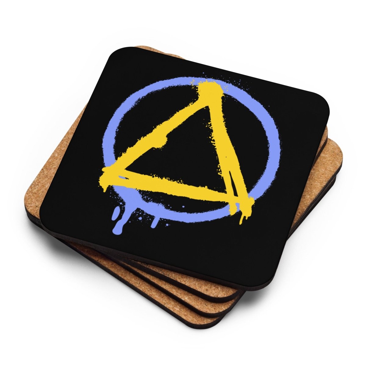 Graffiti Sobriety Symbol Cork Back Coaster Set - Yellow & Blue Drink Coasters for Bar, Home, or Office Use