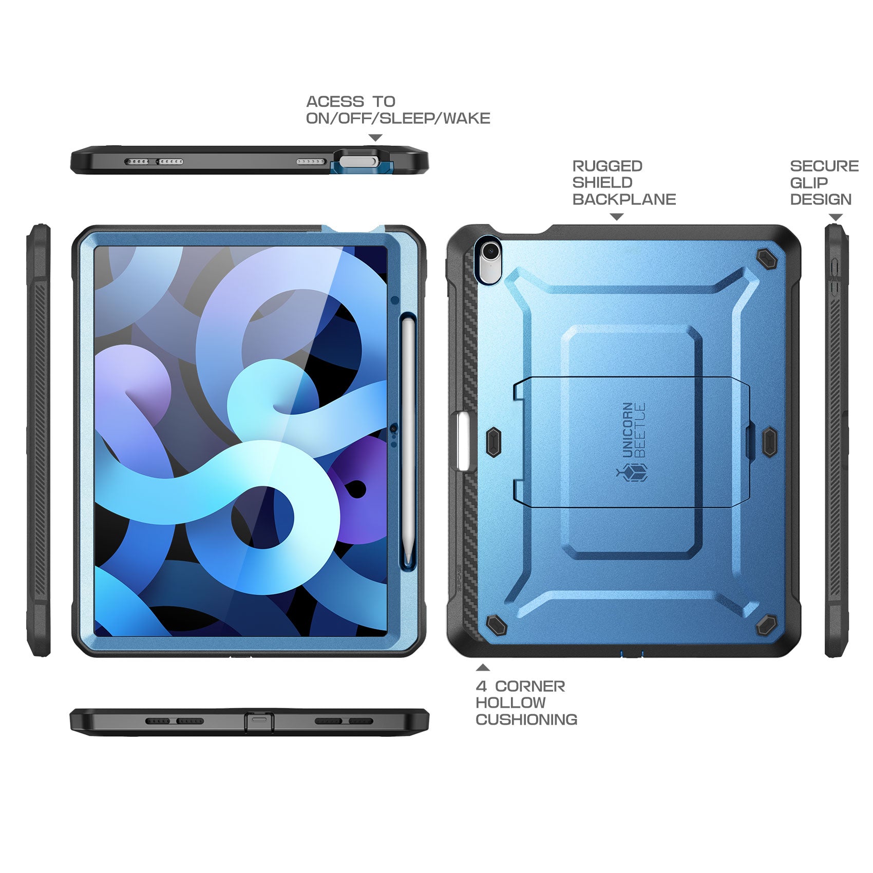 iPad 10.9 (2022) Unicorn Beetle PRO Rugged Case with Kickstand - Metallic Blue | Shockproof Protective Cover for Work, Travel & Outdoor Activities