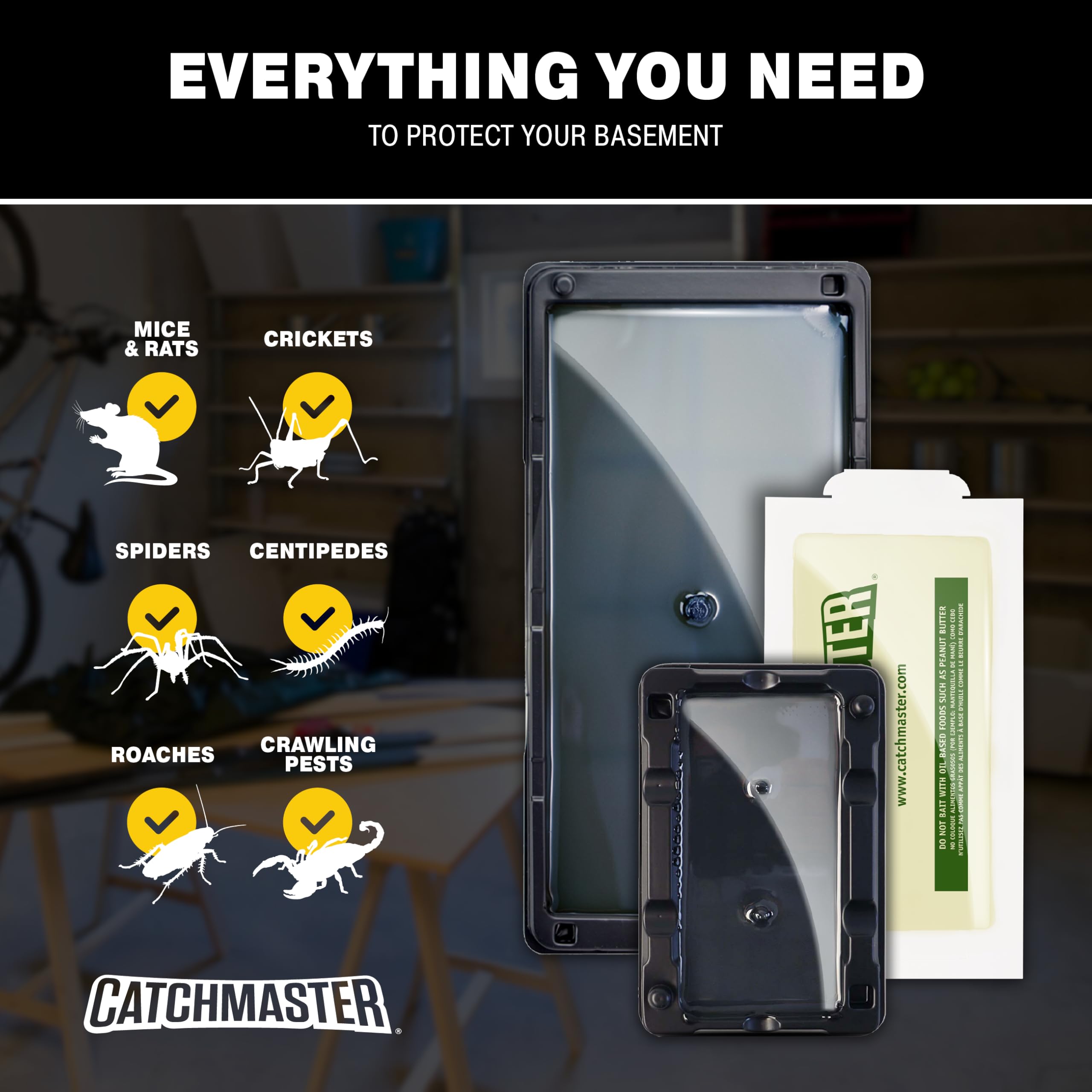 Catchmaster Basement Pest Protection Kit - 2 Mouse Traps, 2 Rat Traps, 2 Insect Glue Boards | Pre-Baited Indoor Rodent Control | Non-Toxic Sticky Traps for Mice, Rats & Bugs | Safe for Homes with Pets | Ideal for Basements, Garages & Storage Areas
