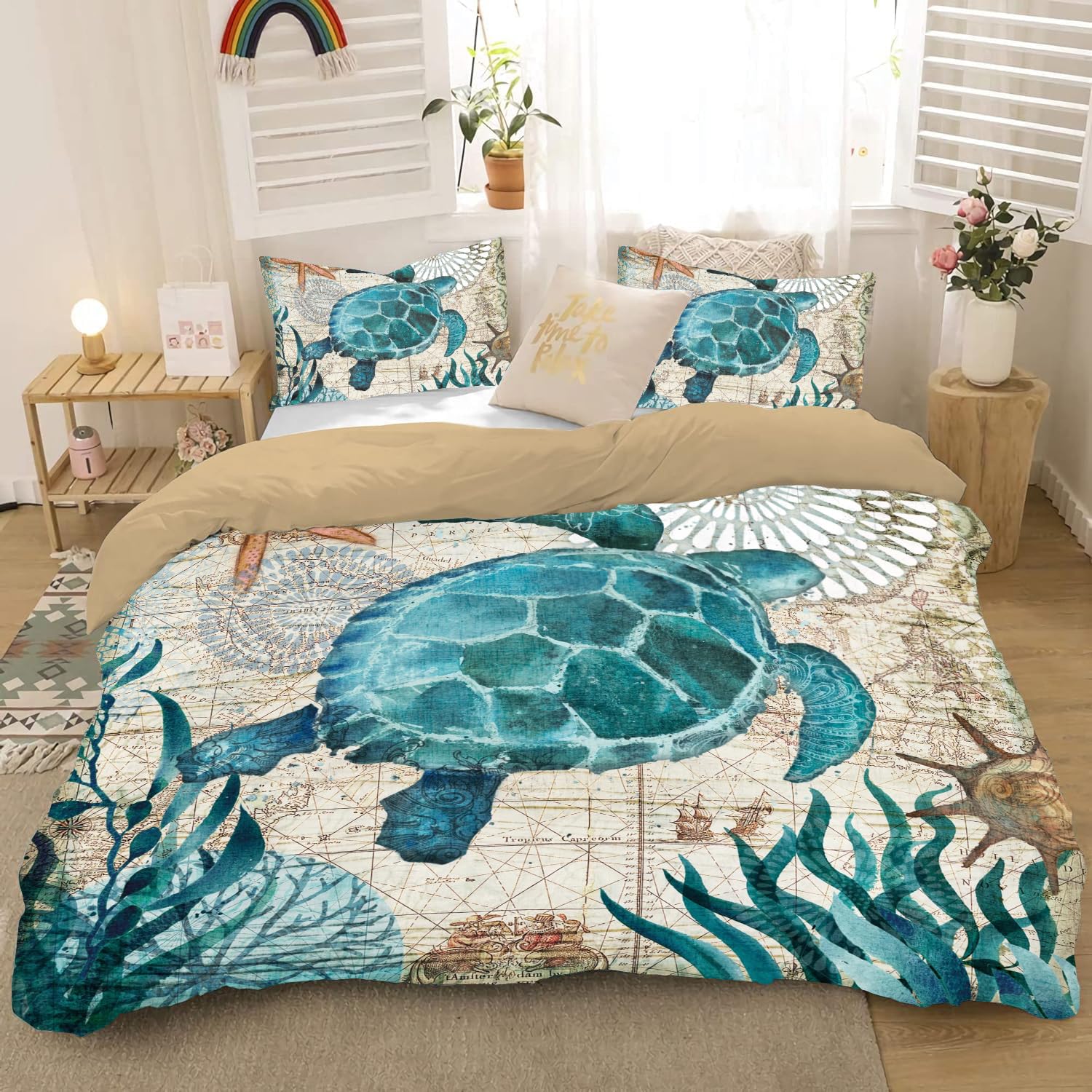 MUSOLEI Ocean Themed Comforter Set - Soft Sea Turtle Printed Bedding for Teen Boys & Girls - Turquoise Mediterranean Style Quilt Set - Twin Size - Perfect for Kids' Bedrooms, Beach Themed Decor & Cozy Sleep