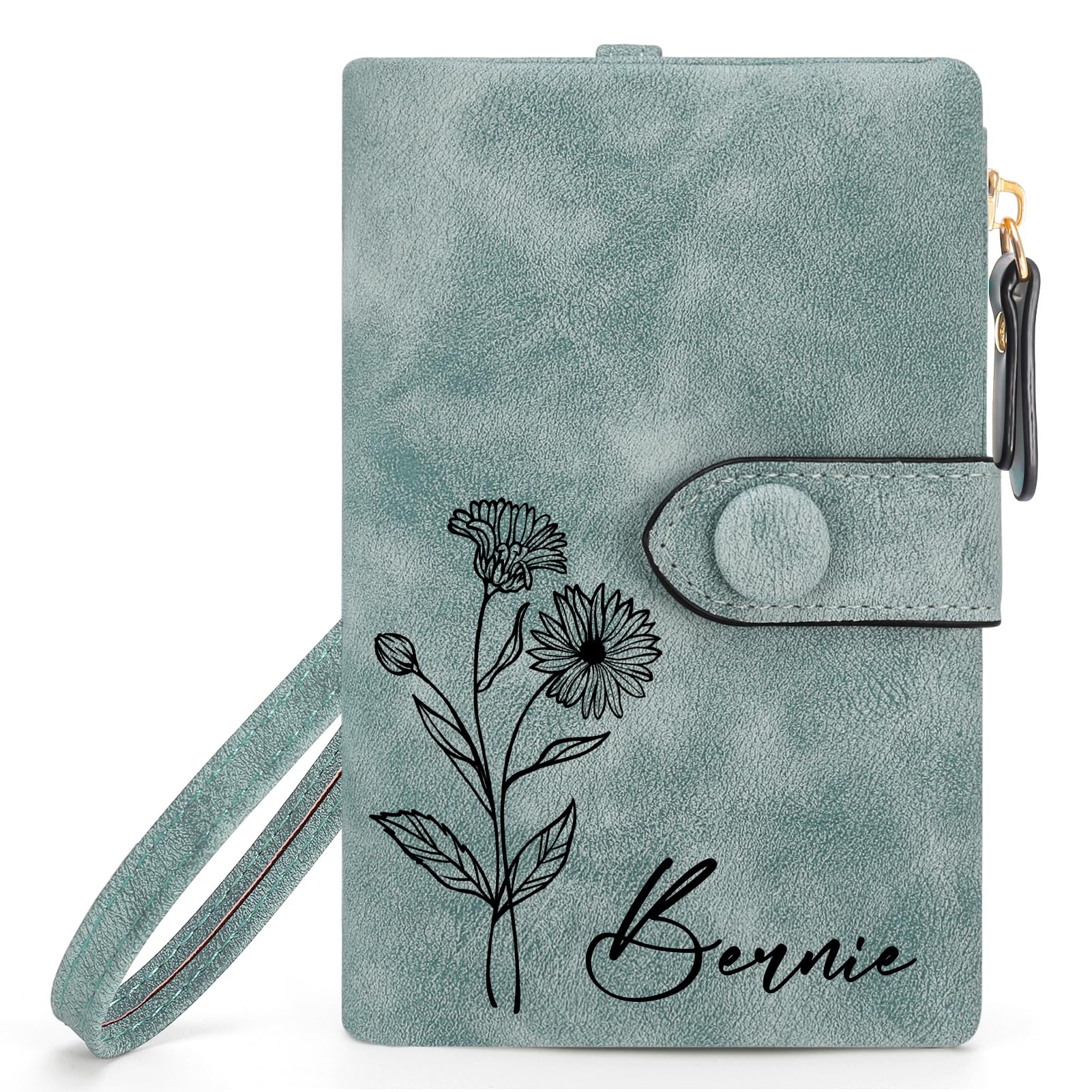 Custom Personalized Leather Wallet for Women - Engraved Birth Flower & Name - Small Zipper Coin Purse - Perfect Gift for Birthday, Mother's Day, Christmas (Green) - Ideal for Teens, Ladies & Everyday Use