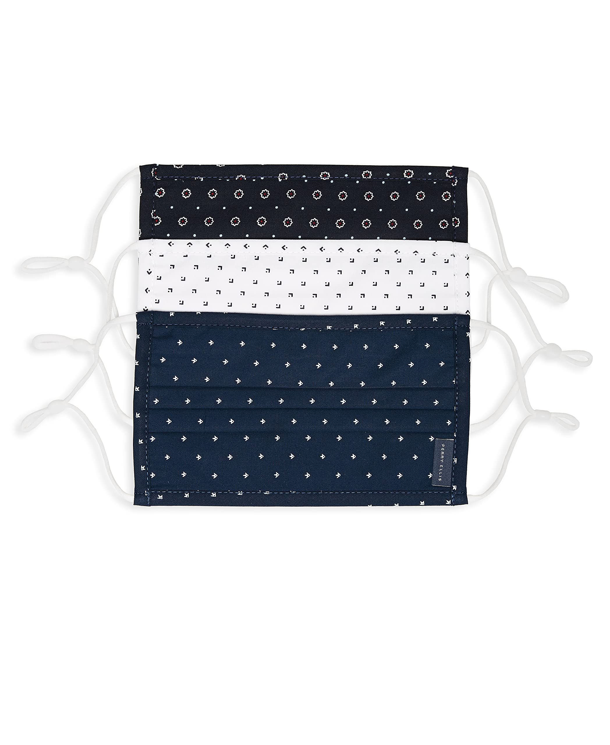 Perry Ellis Reusable Pleated Woven Fabric Face Masks - 3 Pack with Assorted Prints & Colors - Breathable Comfort for Daily Use, Travel & Public Safety Protection