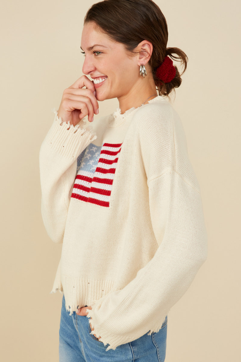 Women's Distressed Old Glory Graphic Sweater - Vintage American Flag Pullover for Casual Wear, Fall Fashion & Patriotic Outfits