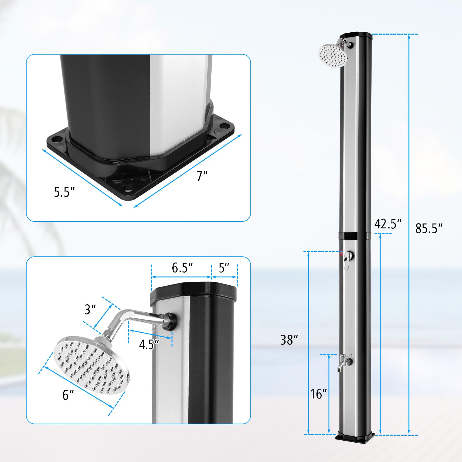 Goplus 9.3 Gallon Solar Heated Outdoor Shower - 7.2 FT Freestanding Garden Shower with 360° Swivel Shower Head, Foot Wash & Temperature Control - Perfect for Poolside, Backyard, Beach & Camping (Silver)