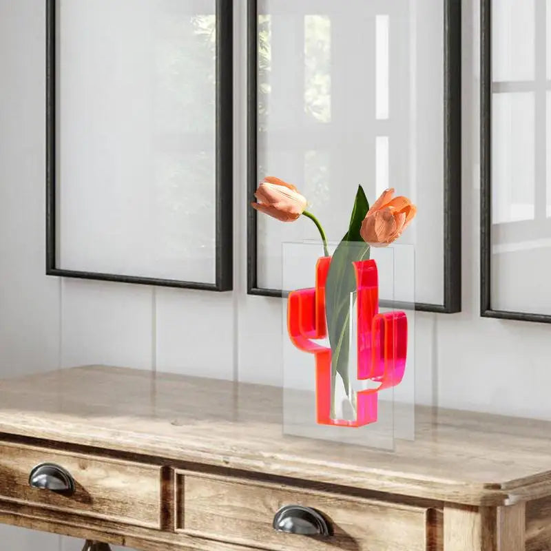 Neon Cactus Acrylic Vase & Desktop Organizer - Modern Home Office Decor for Pens, Pencils & Makeup Brushes - Perfect for Workstations, Desks & Gift Ideas