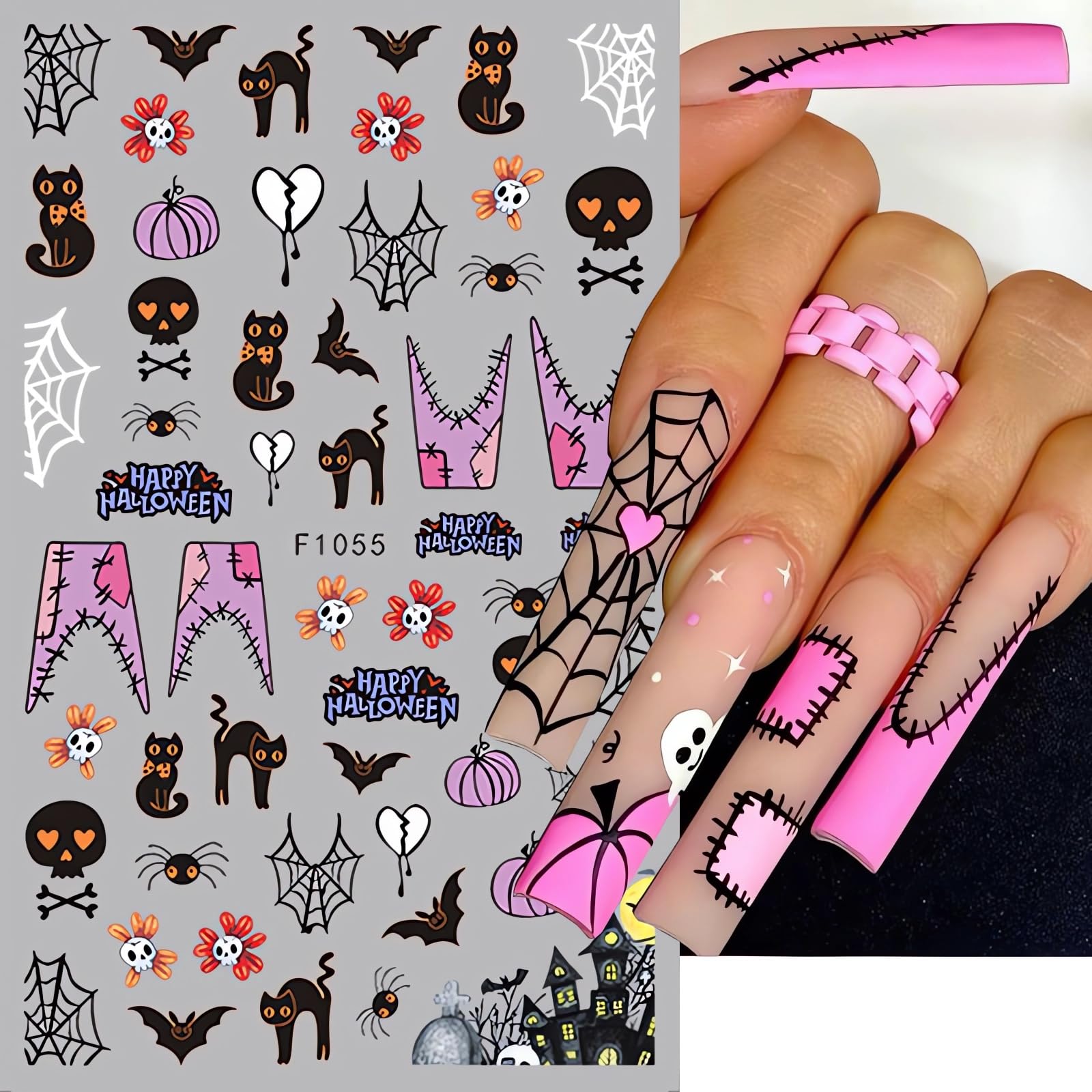 4Pcs Halloween Nail Stickers - Scary Ghost, Pumpkin, Spider, Bat & Skull Designs for Nail Art - French Tip Gel Nail Decals - Perfect for Halloween Parties, Costume Events & Spooky Nail Decorations