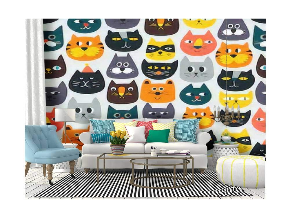Self-Adhesive Peel and Stick Wallpaper with Cute Colorful Cats & Kittens - Removable Seamless Wall Mural for Home Decor, Nursery, Kids Room & Office Covering - Creative Decorative Interior Film