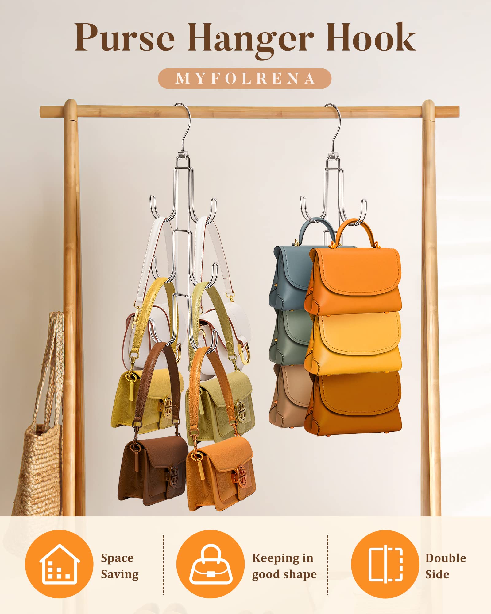 Myfolrena Metal Purse Hanger Organizer for Closet - Space Saving Bag Storage Hook for Hanging Handbags, Belts, Scarves, Totes, Hats, Clothes & Ties (Silver) | Perfect for Closet Organization, Bedroom Storage & Small Space Living