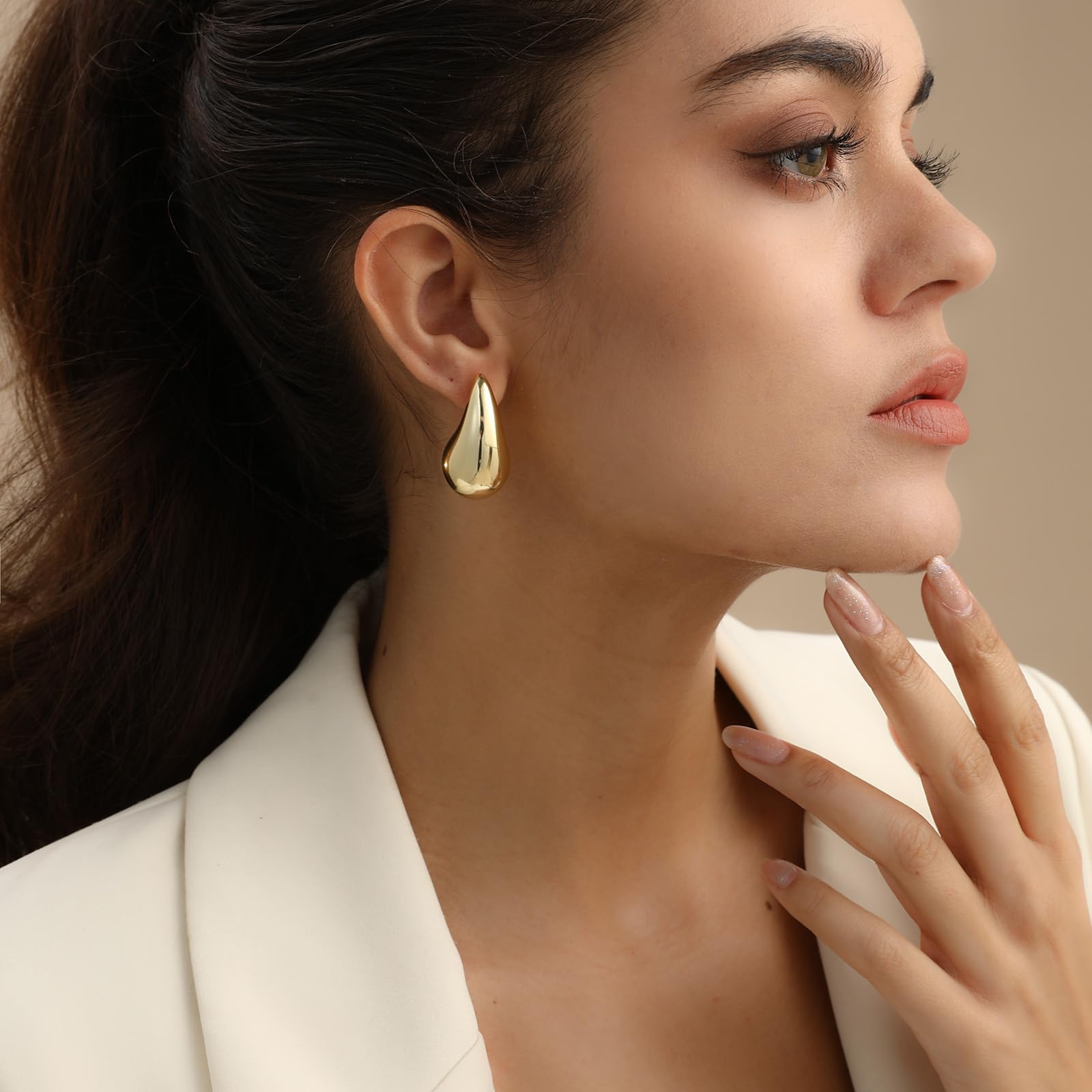 Fissen 32mm Lightweight Gold Teardrop Earrings for Women - Hypoallergenic 925 Sterling Silver Chunky Hoop Earrings | Elegant Everyday Jewelry, Perfect for Office, Date Night & Special Occasions