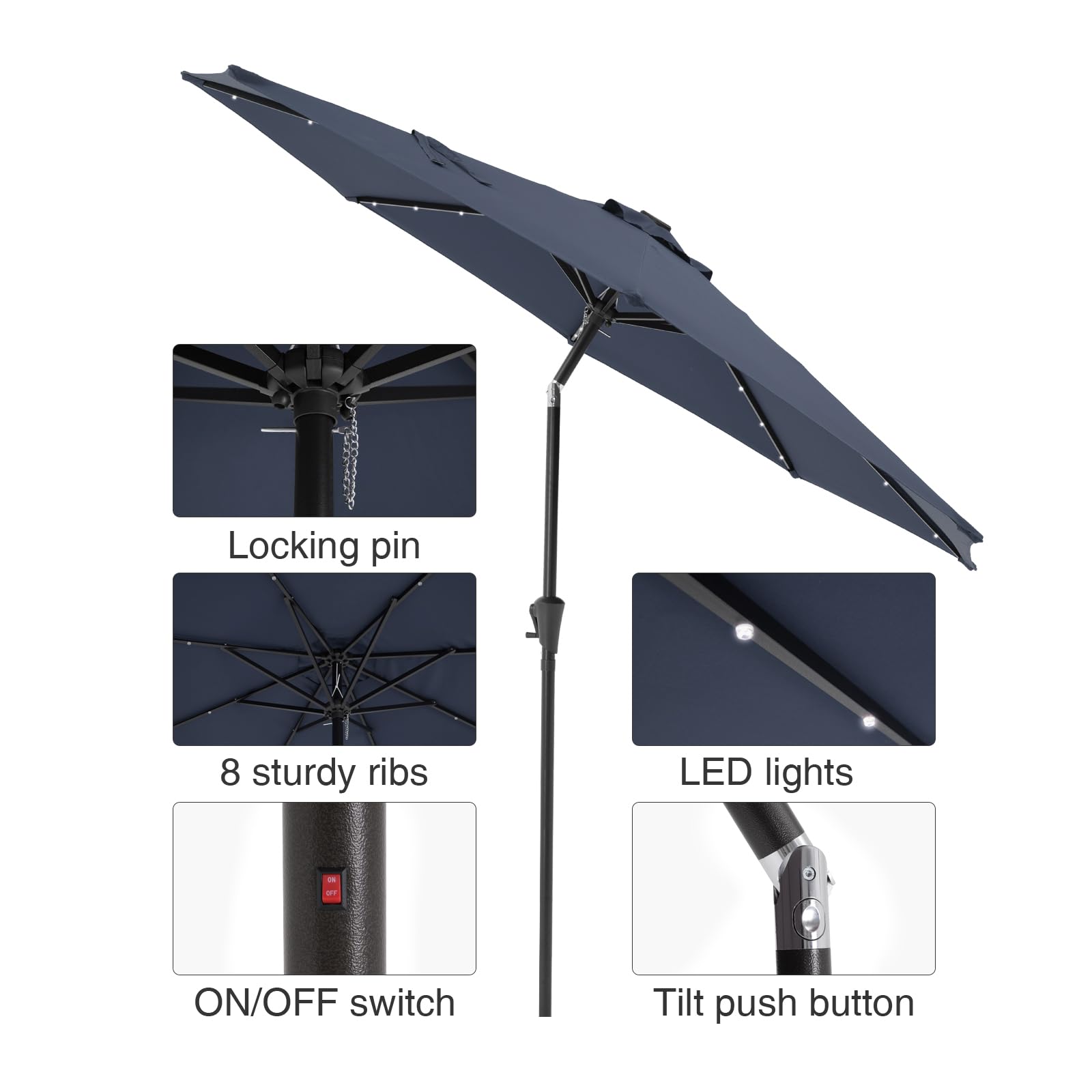 COBANA 9-Foot Solar Powered LED Patio Umbrella with Heavy Duty Base - 32 LED Lights Outdoor Market Umbrella for Garden, Poolside, Restaurant & Backyard Dining