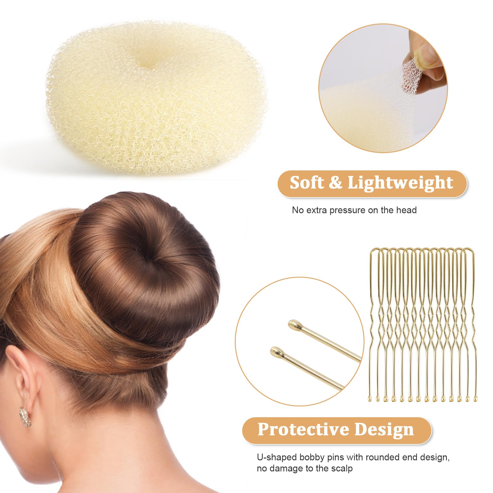 65 Pcs Hair Accessories Set - 5 Beige & 5 Brown Hair Donut Bun Makers (2 Large, 4 Medium, 4 Small) + 50 U-Shaped Pins & 5 Hair Ties | Perfect for Ballet, Dance, School & Everyday Hairstyles for Girls with Long Hair