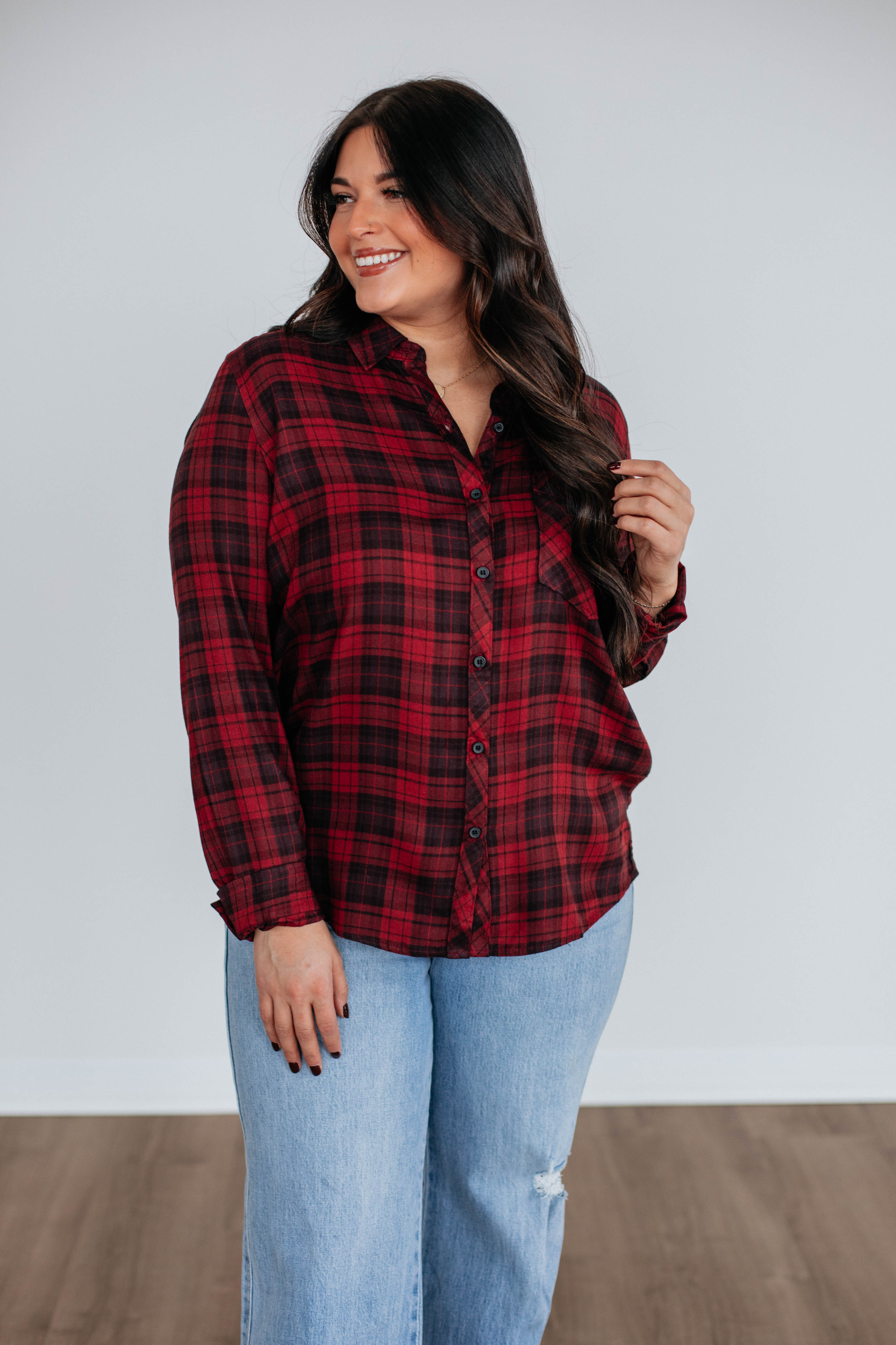 Gatlyn Women's Flannel Shirt Top - Soft Plaid Long Sleeve Button Down Shirt in Merlot Mix | Casual Fall & Winter Wear for Outdoor Activities and Layering