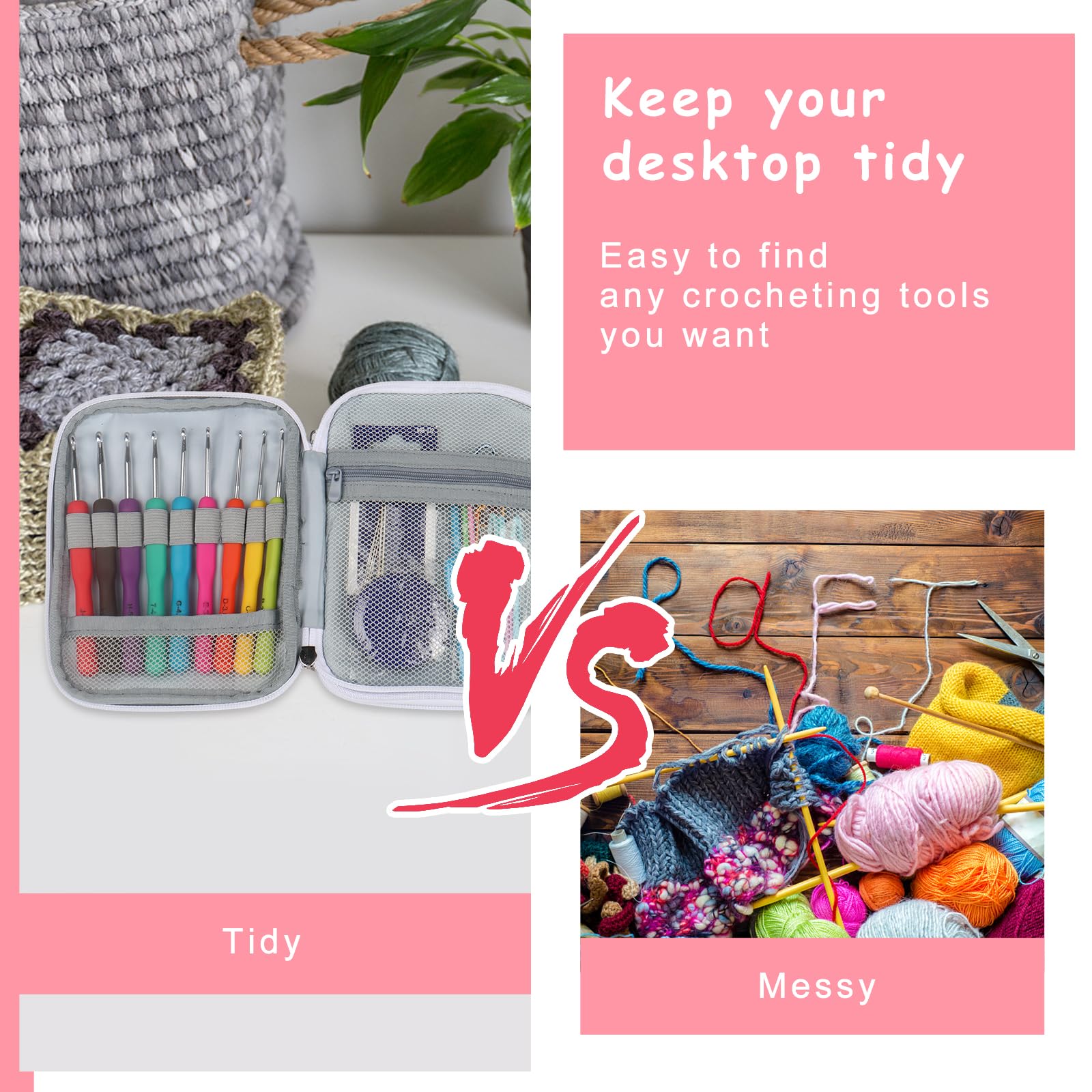 Premium Crochet Hooks Case - Portable Travel Storage Organizer with Zipper Closure, Web Pocket & Needle Slots | Carry Various Crochet Needles Safely | Perfect for Knitting Enthusiasts, On-the-Go Crafting & Yarn Projects (Pink)