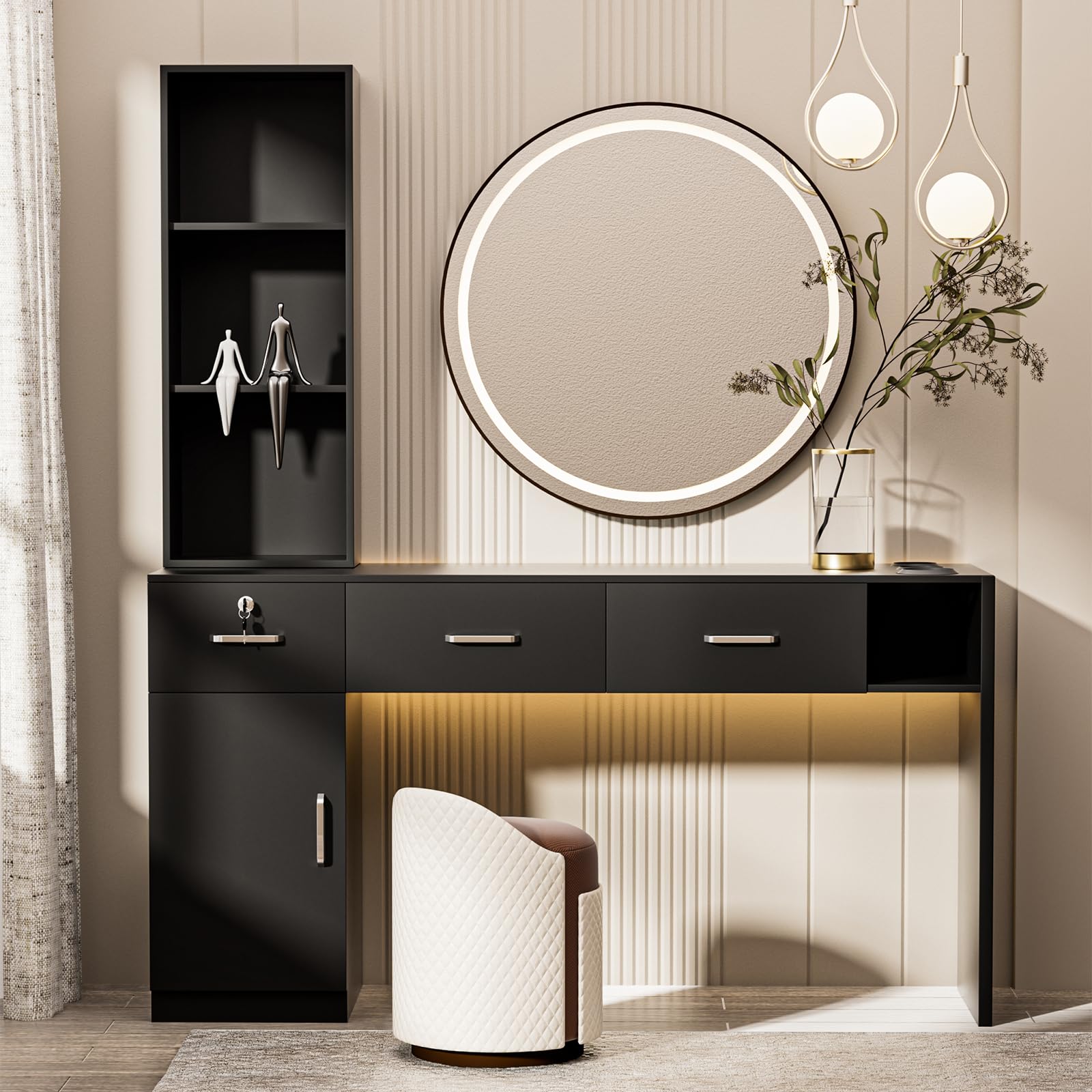 Wall Mounted Barber Station for Salon & Spa - 3 Open Shelves, Lockable Storage Cabinet, Hair Styling Furniture Without Mirror (Black) - Perfect for Professional Salons, Home Barber Shops & Beauty Studios