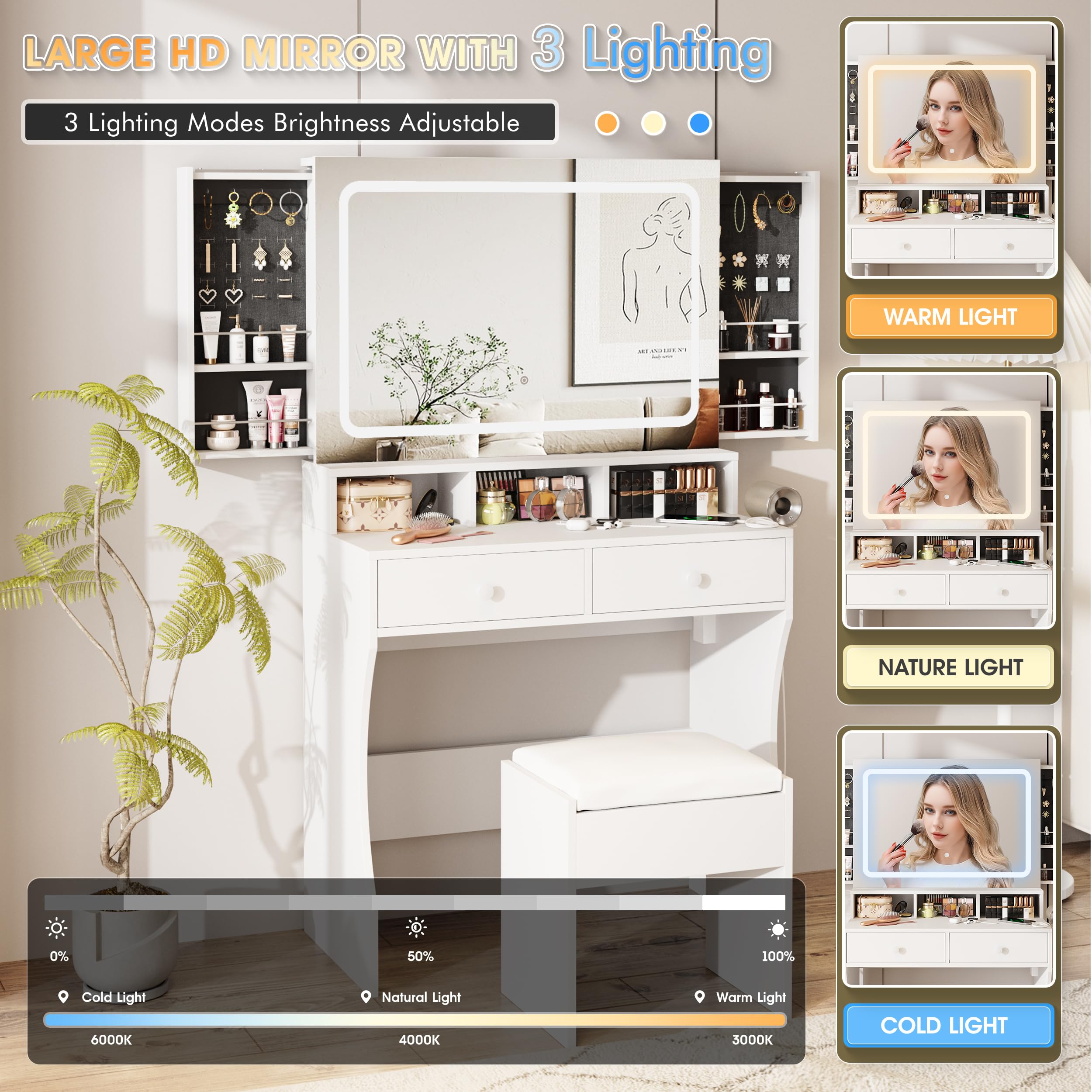 White Vanity Desk with Mirror & LED Lights - Makeup Dressing Table with Charging Station, Sliding Jewelry Storage & 3 Lighting Modes - Includes Stool & 2 Large Drawers - Perfect for Women & Girls Bedroom, Makeup Room or Dressing Area
