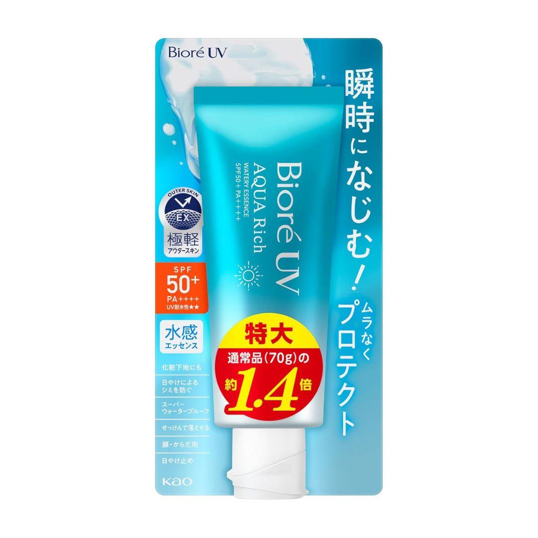 Kao Biore UV Aqua Rich Watery Essence SPF50+ PA++++ Sunscreen 100g - Lightweight Hydrating Face & Body Sun Protection for Daily Use, Outdoor Activities & Travel