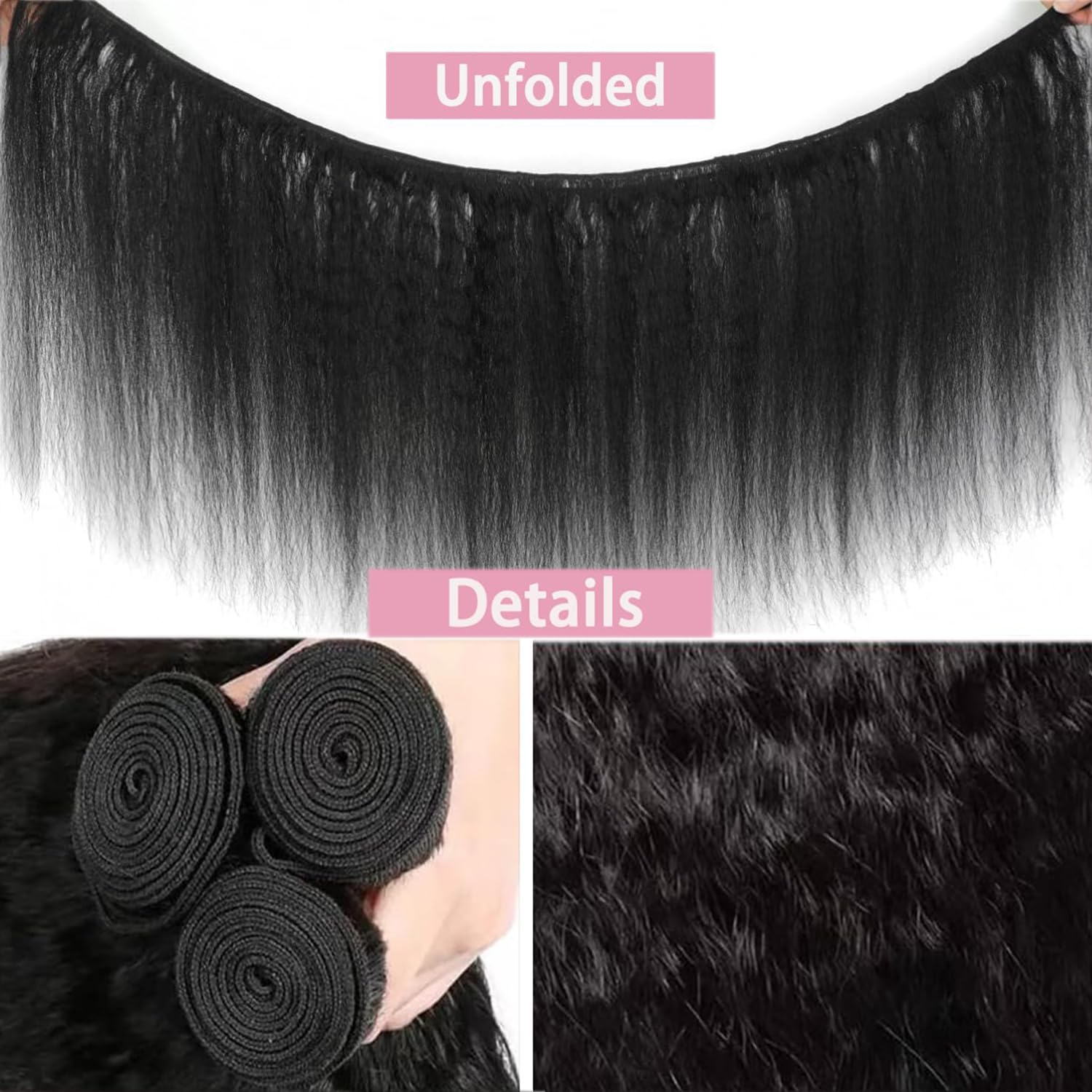 18 20 22 Inch Kinky Straight Human Hair Bundles - 100% Unprocessed Brazilian Virgin Hair Extensions for Quick Weave | Yaki Straight Texture | Natural Black Color | Perfect for Daily Wear, Styling, and Protective Hairstyles