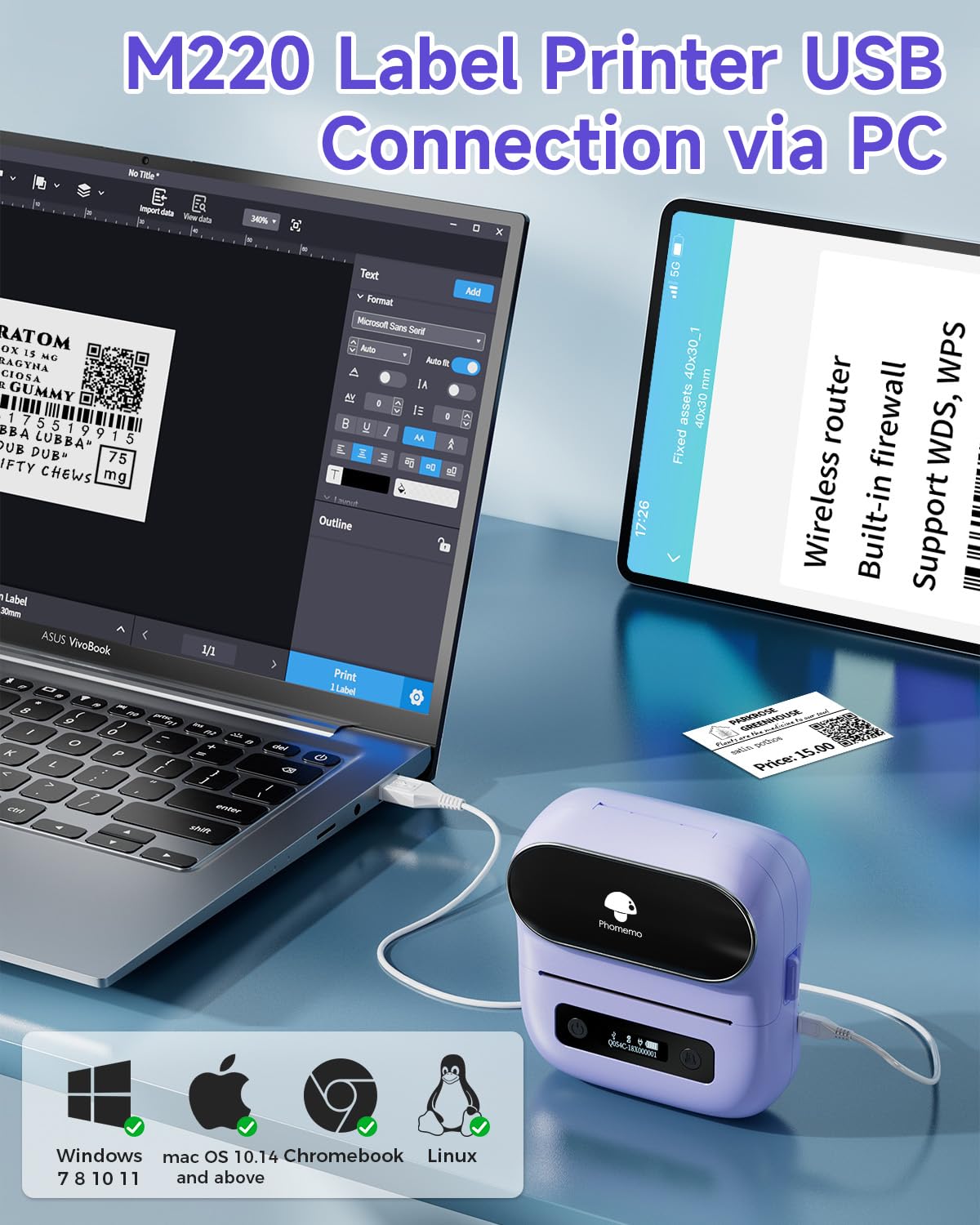Phomemo M220 Bluetooth Thermal Label Printer - Wireless Barcode, Address & Mailing Label Maker for Home, Small Business & Clothing Stores | Portable Purple Label Machine with 1 Roll Included | Perfect for Shipping, Inventory & Organization