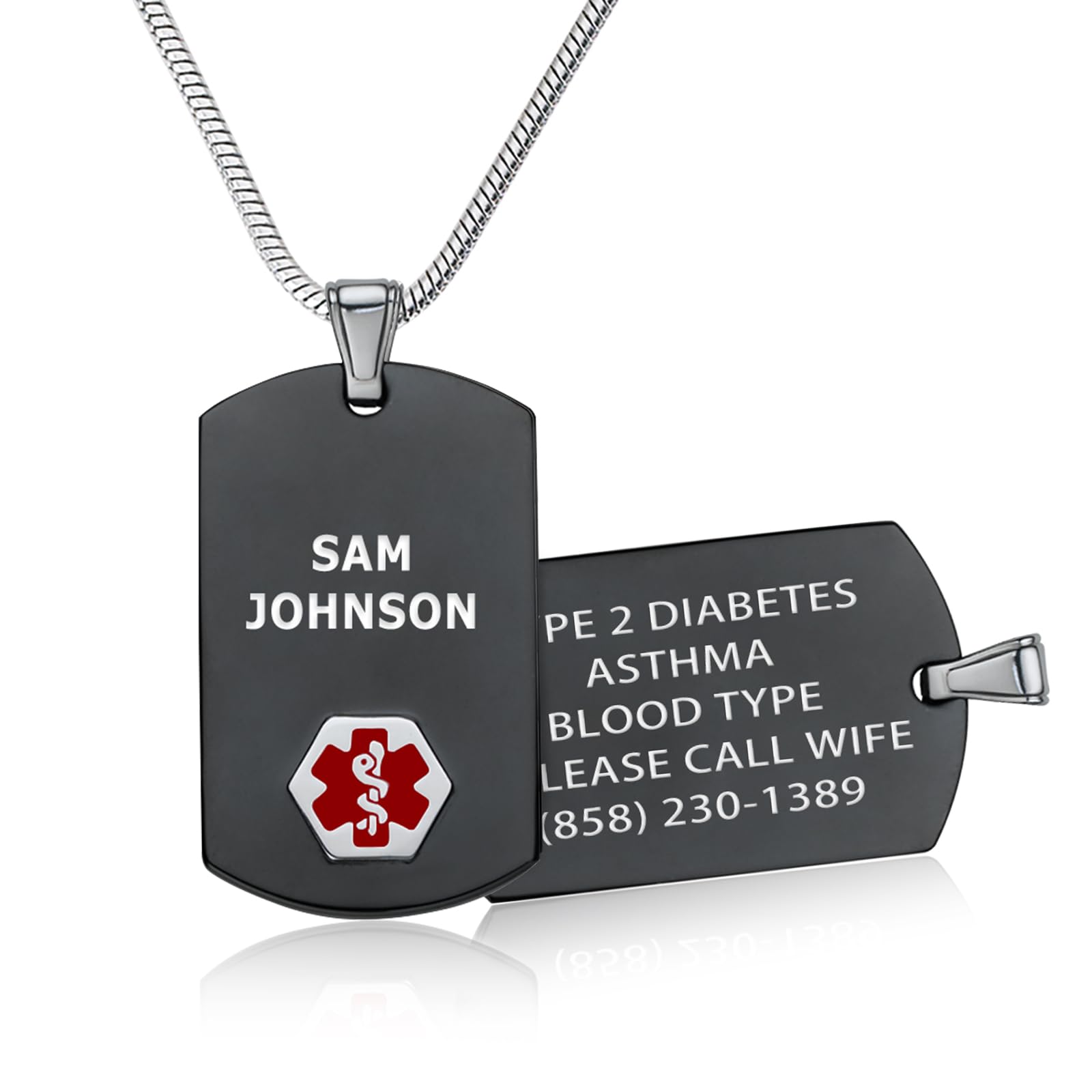 Divoti Custom Engraved Medical Alert Necklace for Men - Chic Black & Silver Medical ID Jewelry for Emergency Health Conditions - Perfect for Diabetes, Allergies, Heart Conditions & Daily Wear