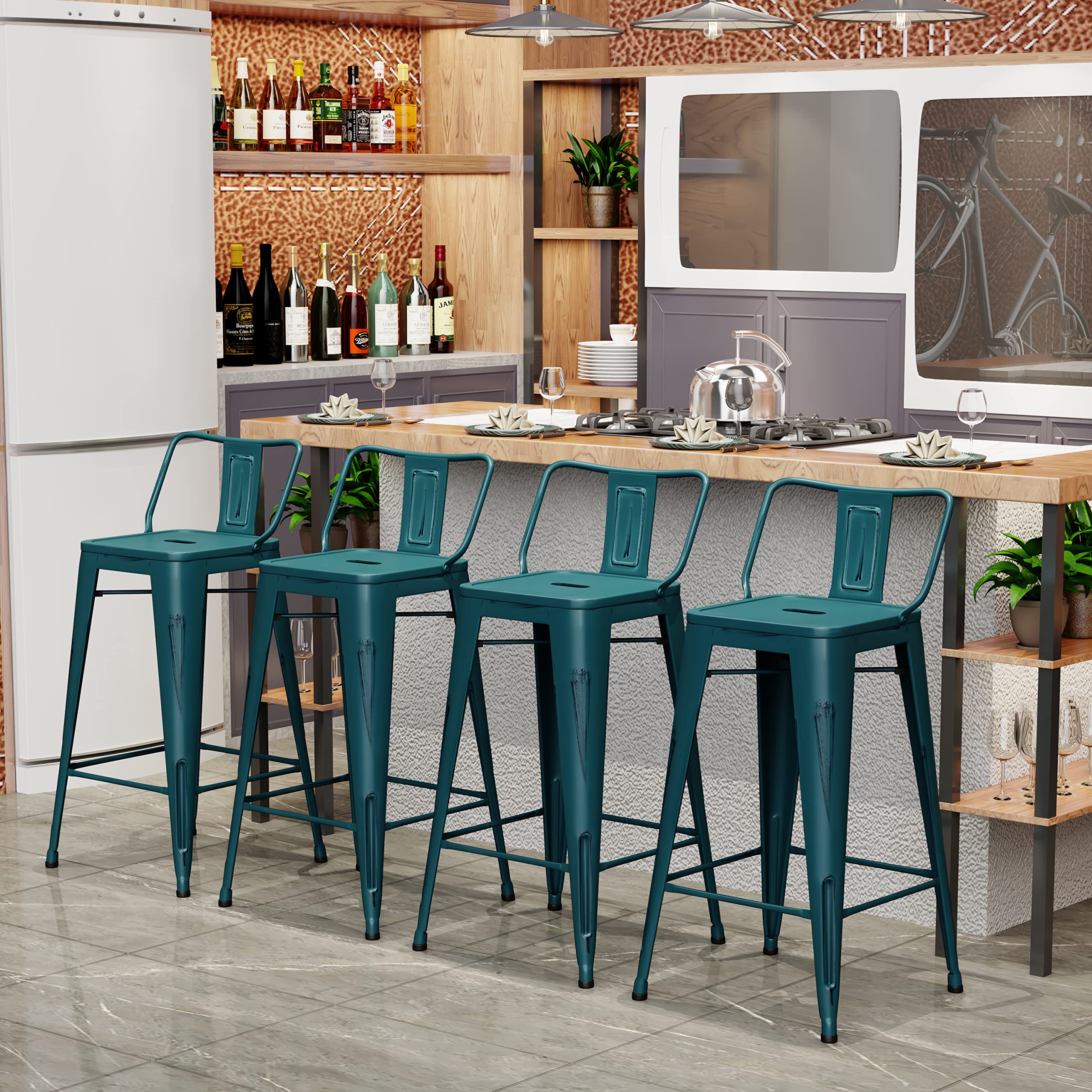 **Aklaus Industrial Metal Bar Stools Set of 4 - 30 Inch Bar Height Stools with Back, Distressed Teal Blue - Modern Kitchen & Dining Chairs for Indoor & Outdoor Use - Perfect for Home Bars, Restaurants, and Patios**