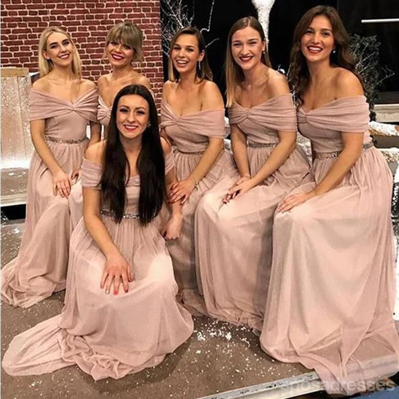 Elegant Pink A-Line Off-Shoulder Maxi Long Bridesmaid Dress - WG1713 | Perfect for Weddings, Prom & Formal Events