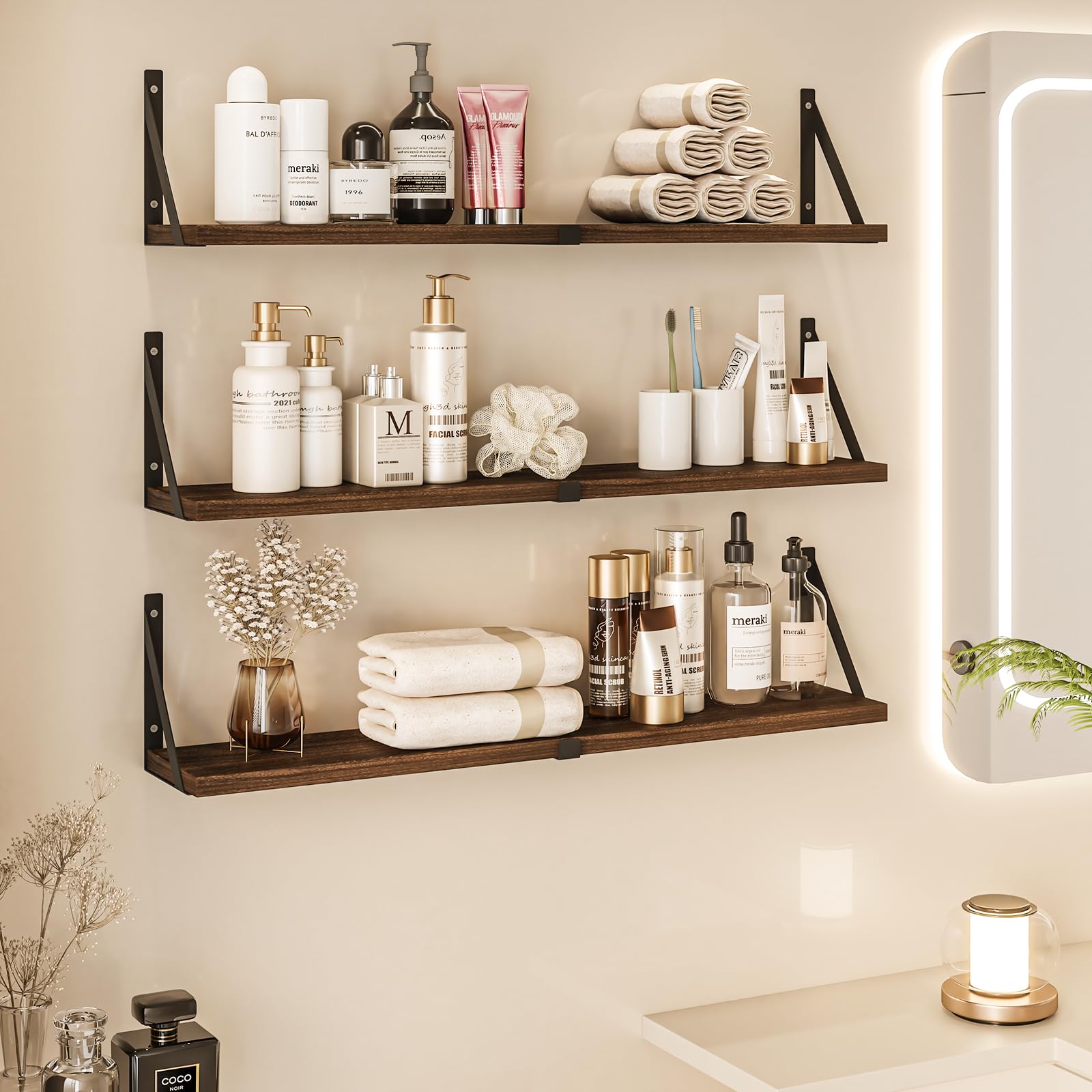 Floating Bookshelf Set of 3 - 33 Inch Wall Mounted Shelves for Living Room, Kitchen, Bathroom & Bedroom - Dark Brown Wooden Shelves for Home Organization & Decor - Perfect for Books, Plants & Decorative Display
