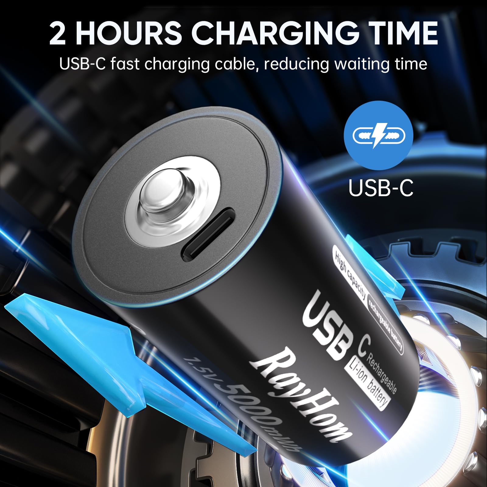 USB Rechargeable Lithium C Batteries 4-Pack - 1.5V 5000mWh Li-ion C Cell Batteries with Fast 2-Hour Charging & 1000+ Cycles, Includes 2-in-1 USB-C Charging Cable - Perfect for Flashlights, Toys, Medical Devices & Emergency Kits