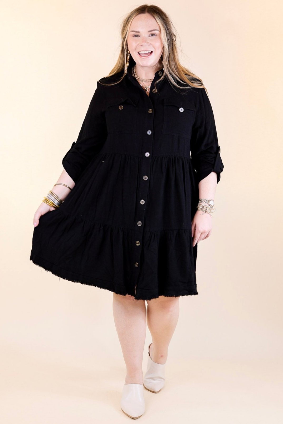 Elegant Black Long Sleeve Ruffle Tiered Button Up Dress for Women | Perfect for Office, Date Night & Special Occasions