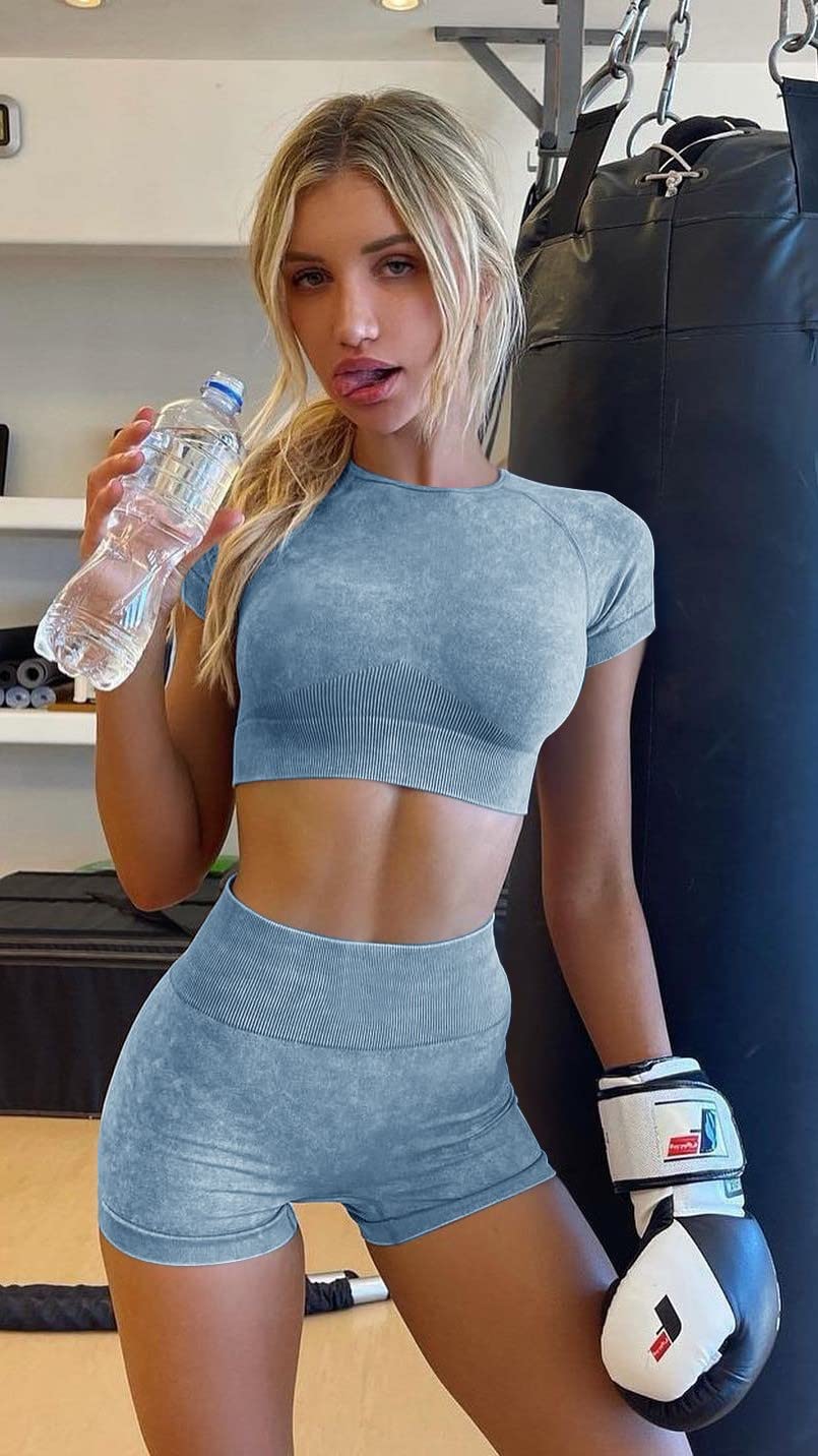 OLCHEE Women's 2-Piece Workout Set - Seamless Acid Wash Yoga Shorts & Crop Top Matching Gym Outfit | Athletic Clothing for Yoga, Pilates & Running