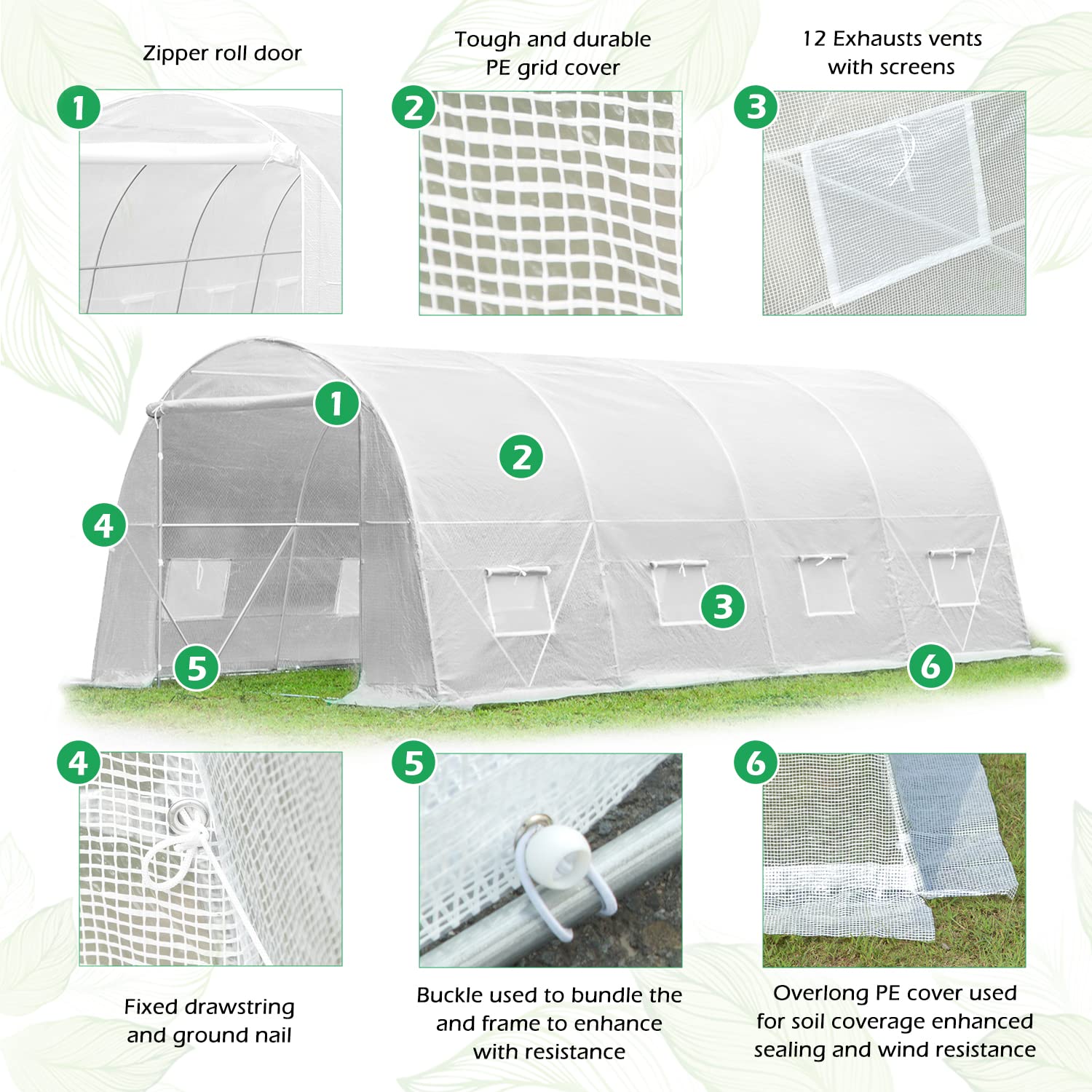 MELLCOM 20x10x7ft Large Walk-in Greenhouse Tent - Heavy Duty Reinforced Frame with 8 Screen Windows for Gardening, Plant Growing & Outdoor Use | Perfect for Backyard, Patio & All-Season Gardening (White)
