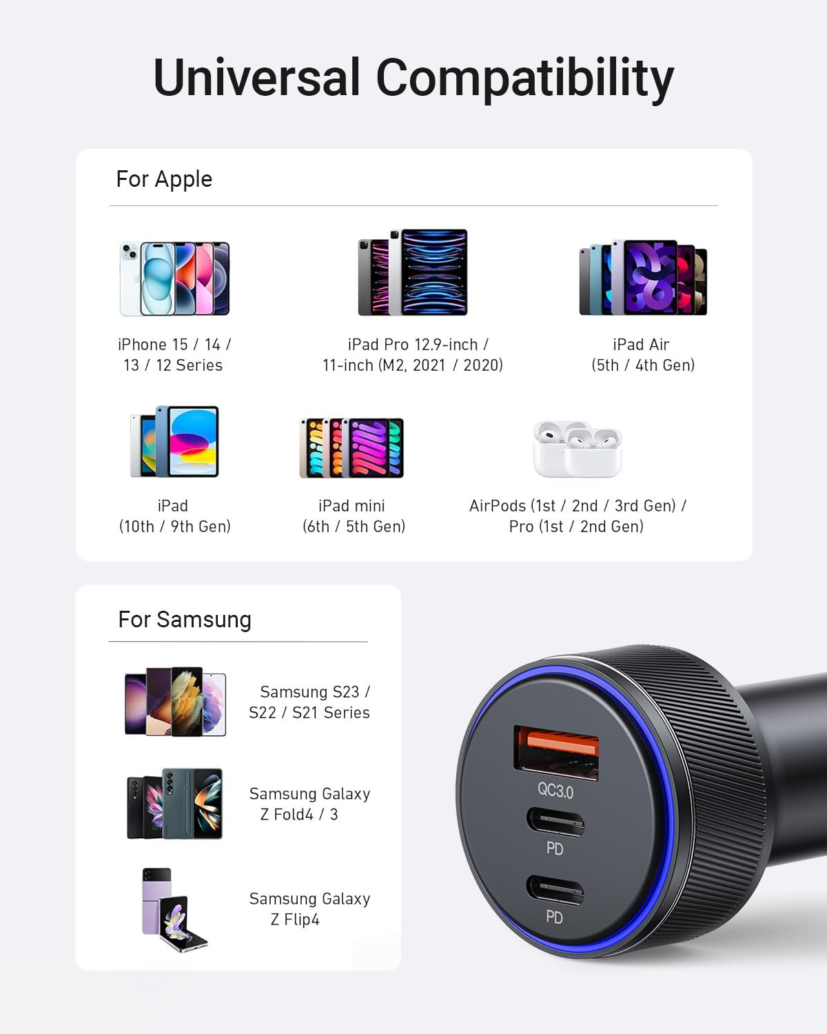 90W 3-Port Car Charger for iPhone 16/Pro Max - Fast USB-C Charging for Road Trips