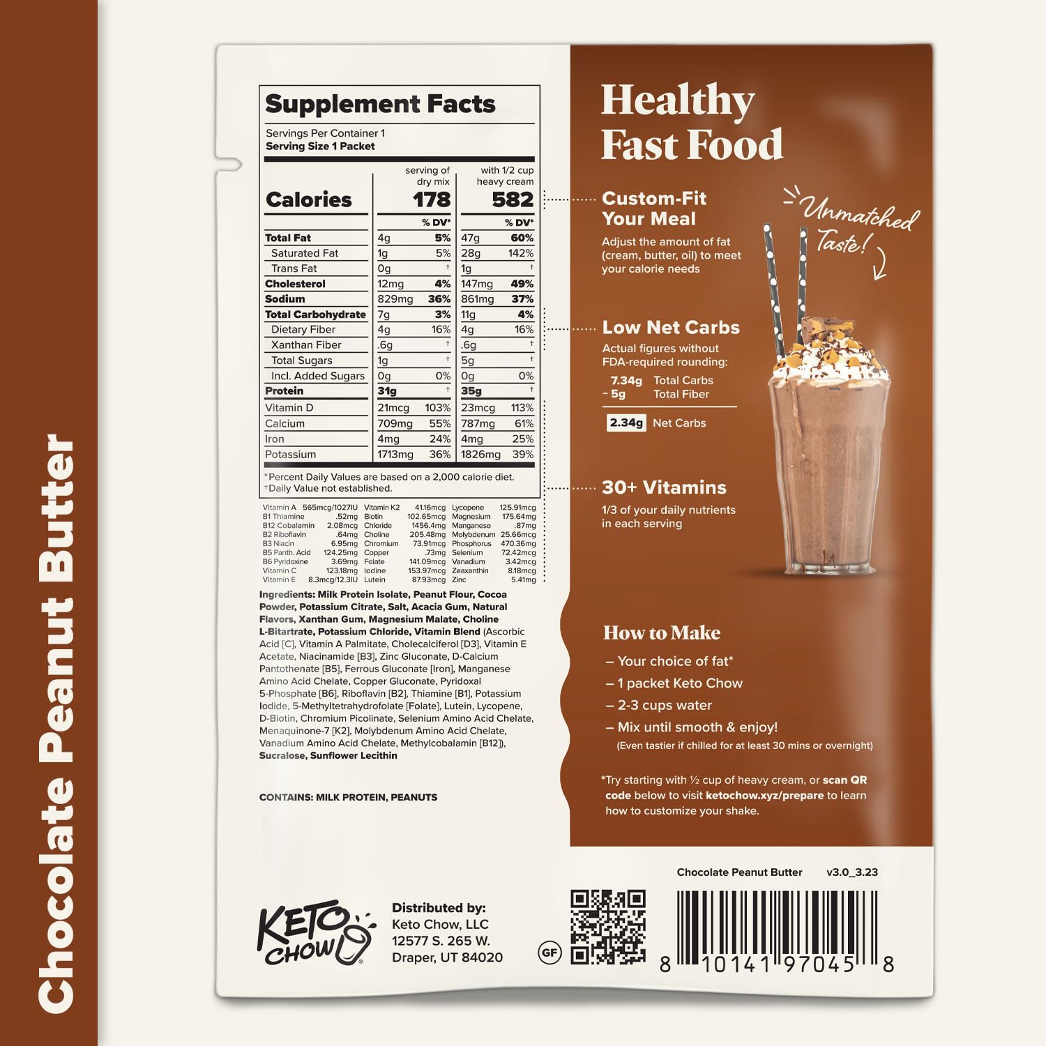 Keto Chow Chocolate Peanut Butter Meal Replacement Shake Powder - Low Carb, High Protein, Nutritionally Complete Keto Diet Shake for Weight Loss & Healthy Lifestyle - Perfect for Breakfast, Post-Workout or On-the-Go Nutrition