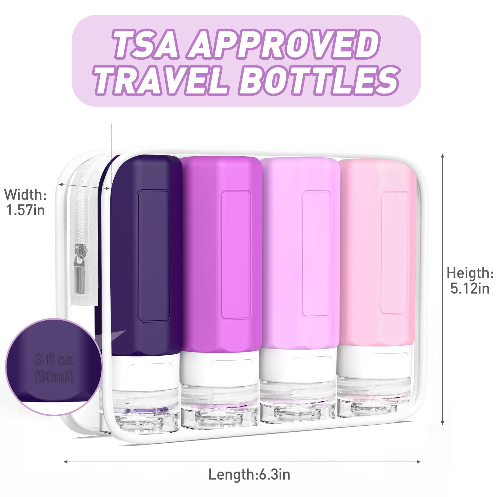 Redfly 3oz TSA Approved Travel Bottles - BPA Free Leak Proof Squeezable Toiletry Containers for Shampoo & Conditioner (Purple) | Perfect for Air Travel, Gym & Vacation Essentials