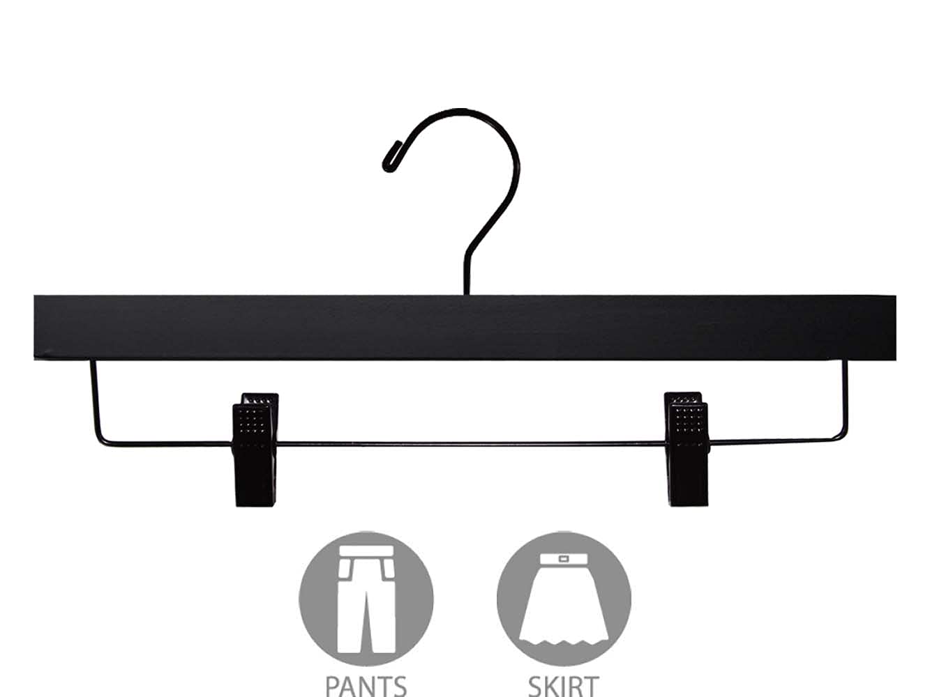 50 Pack Matte Black Wooden Bottom Hangers with Adjustable Metal Clips - Solid Wood Pants & Skirt Hangers for Closet Organization (Ideal for Home, Retail Stores, and Dry Cleaning Businesses)