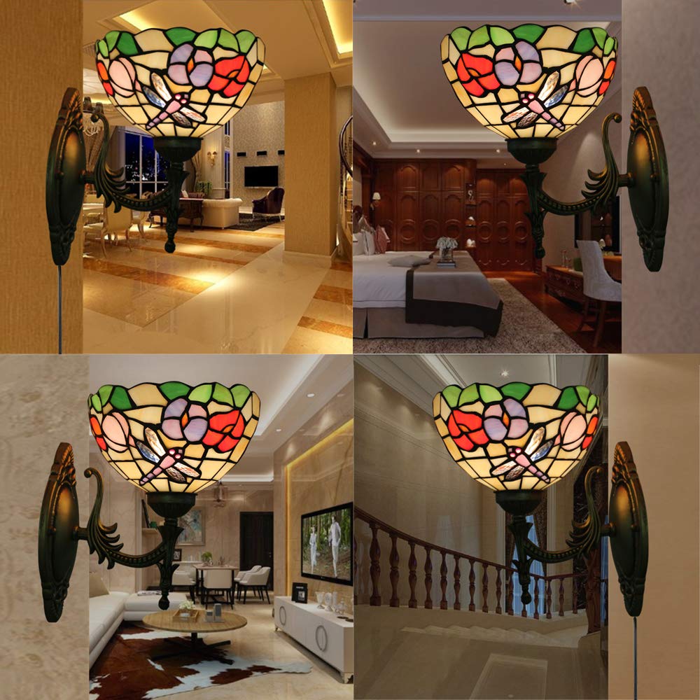 Handcrafted Tiffany Style Wall Sconce with UL Plug-in Cord - Antique Louis Comfort Tiffany Inspired Stained Glass Shade Light Fixture for Living Room, Bedroom & Hallway Decor