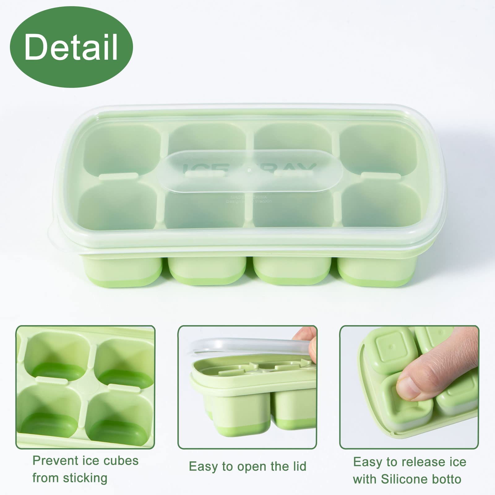 Yeeco 4-Pack Mini Silicone Ice Cube Trays with Lid - 5.6”×2.8”×1.4” Small Ice Cube Molds (8 Cubes Each) - Easy Release for Mini Fridge, Cocktails, Whiskey & Beverages - Perfect for Home Bars, Parties & Office Use (Green)