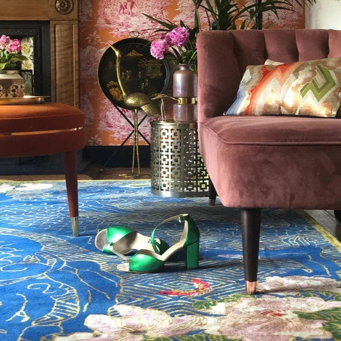 Blue & Gold Hand Tufted Dragon Floral Rug - Premium Home Decor for Living Room, Bedroom, or Office - Pre Order Now