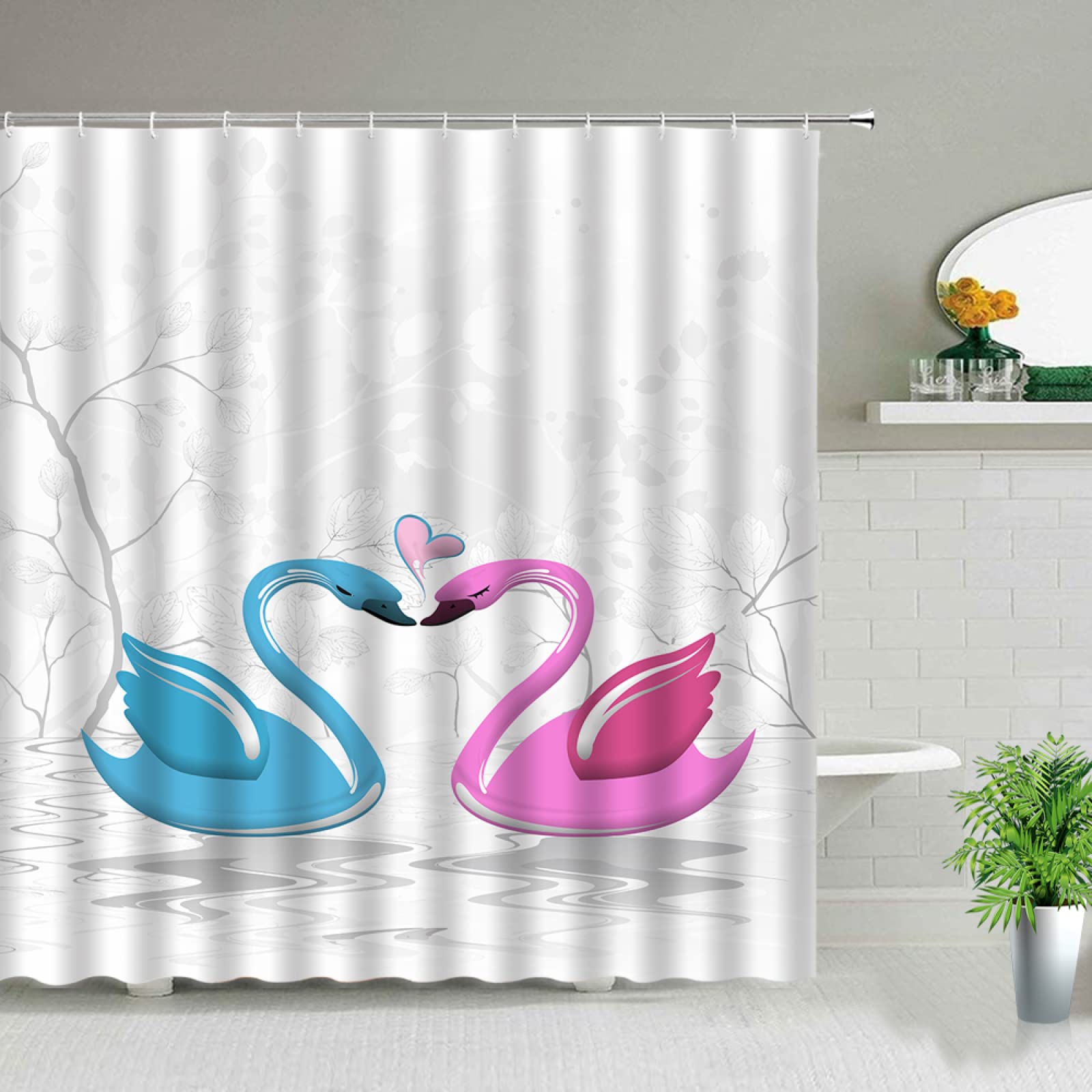 White Cartoon Swan Shower Curtain 60x72 Inch - Heavy Duty Luxury Bathroom Curtain for Showers & Bathtubs, Machine Washable, Elegant Design - Perfect for Kids' Bathrooms, Guest Baths & Spa-Like Retreats