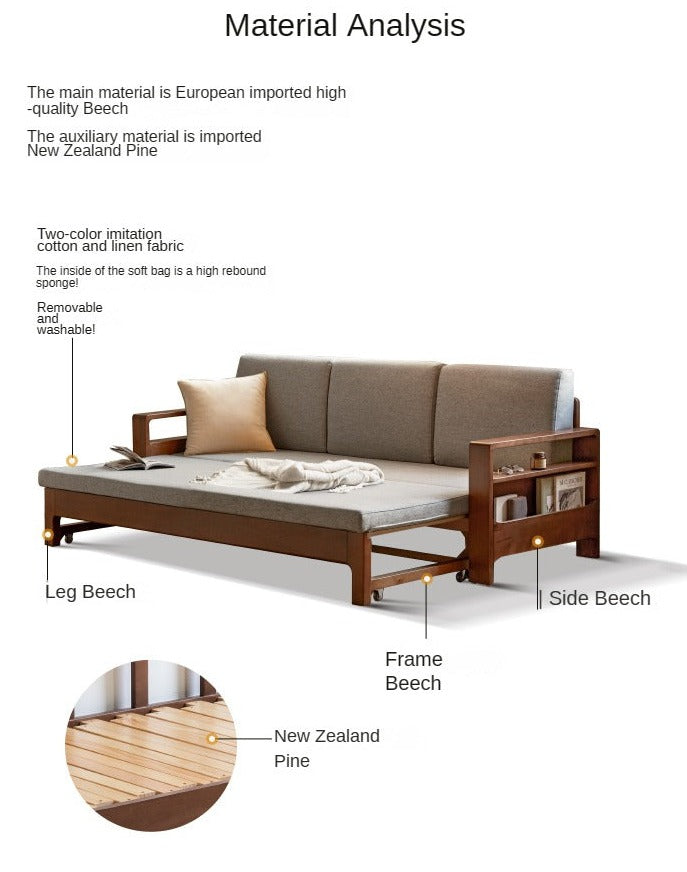 Oak & Beech Folding Multi-Functional Storage Sofa Bed - Convertible Guest Bed with Hidden Storage for Small Spaces, Living Rooms & Apartments